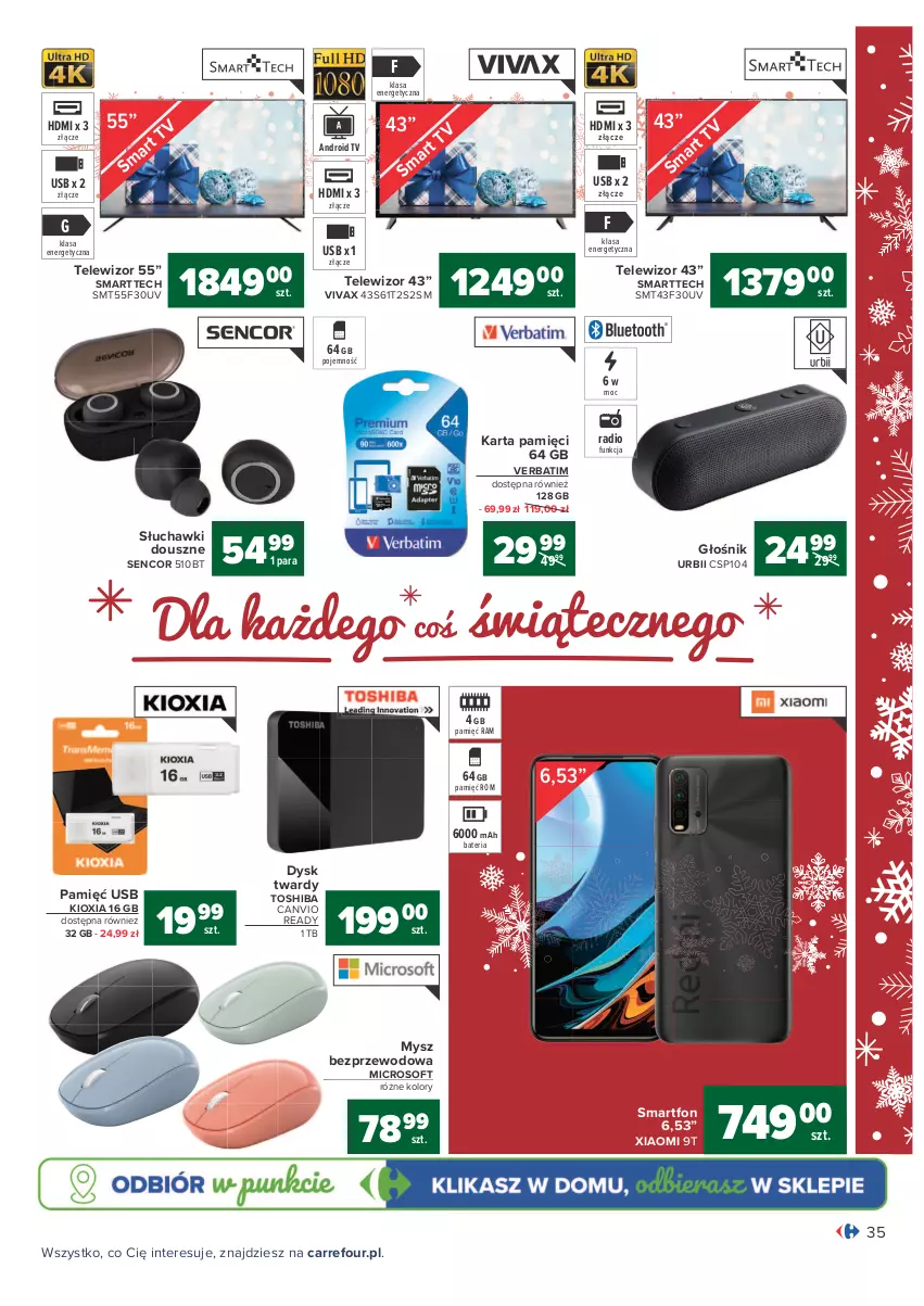 Gazetka promocyjna Carrefour - Gazetka Carrefour - ważna 07.12 do 12.12.2021 - strona 35 - produkty: Android TV, Bateria, Głośnik, Karta pamięci, Mysz, Mysz bezprzewodowa, Sencor, Słuchawki, Smartfon, Telewizor, Toshiba