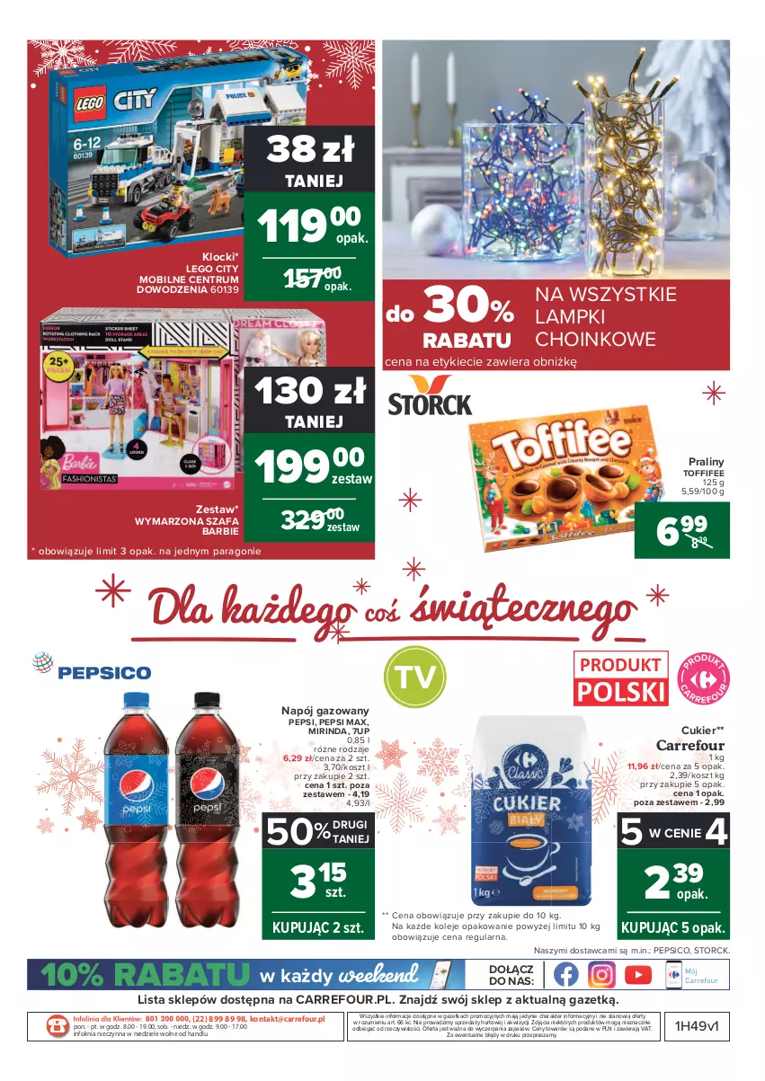 Gazetka promocyjna Carrefour - Gazetka Carrefour - ważna 07.12 do 12.12.2021 - strona 40 - produkty: 7up, Barbie, Cukier, Fa, Klocki, Kosz, LEGO, LEGO City, Mirinda, Mobil, Napój, Napój gazowany, O nas, Olej, Pepsi, Pepsi max, Praliny, Rum, Szafa, Toffifee