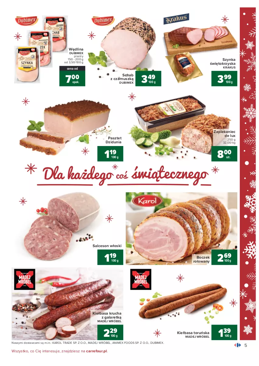 Gazetka promocyjna Carrefour - Gazetka Carrefour - ważna 07.12 do 12.12.2021 - strona 5 - produkty: Boczek, Gala, Kiełbasa, Kiełbasa krucha, Krakus, Madej Wróbel, Pasztet, Salceson, Szynka, Wędlina