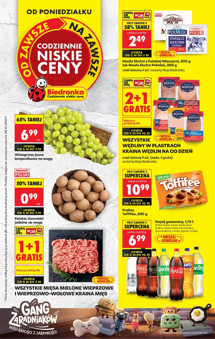 Gazetka promocyjna Biedronka - Od Poniedziałku - ważna 05.10 do 07.10.2026 - strona 1 - produkty: Coca-Cola, Fa, Fanta, Gra, Kret, Masło, Napój, Napój gazowany, POLMLEK, Praliny, Sprite, Toffifee, Top, Wino, Ziemniaki