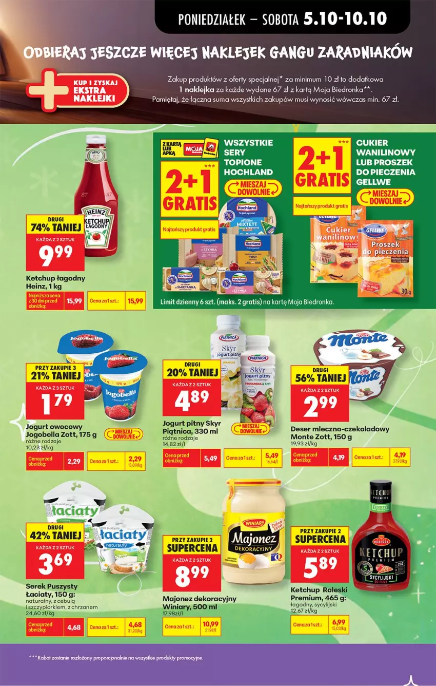 Gazetka promocyjna Biedronka - Od Poniedziałku - ważna 05.10 do 07.10.2026 - strona 44 - produkty: Bell, Bella, Chrzan, Cukier, Cukier wanilinowy, Deser, Heinz, Jogobella, Jogurt, Jogurt owocowy, Jogurt pitny, Ketchup, Klej, Majonez, Mięta, Monte, Mus, Piec, Ser, Serek, Serek puszysty, Top, Zott