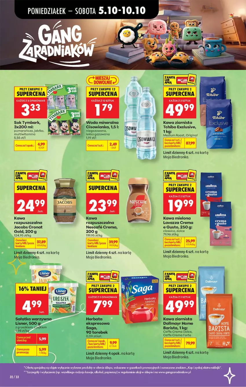 Gazetka promocyjna Biedronka - Od Poniedziałku - ważna 05.10 do 07.10.2026 - strona 45 - produkty: Cisowianka, Dallmayr, Fa, Gin, Groszek, Herbata, Jacobs, Kawa, Kawa mielona, Kawa rozpuszczalna, Kawa ziarnista, Lavazza, Lisner, Sałat, Sałatka, Sałatka warzywna, Sok, Tchibo, Tymbark, Woda, Woda mineralna