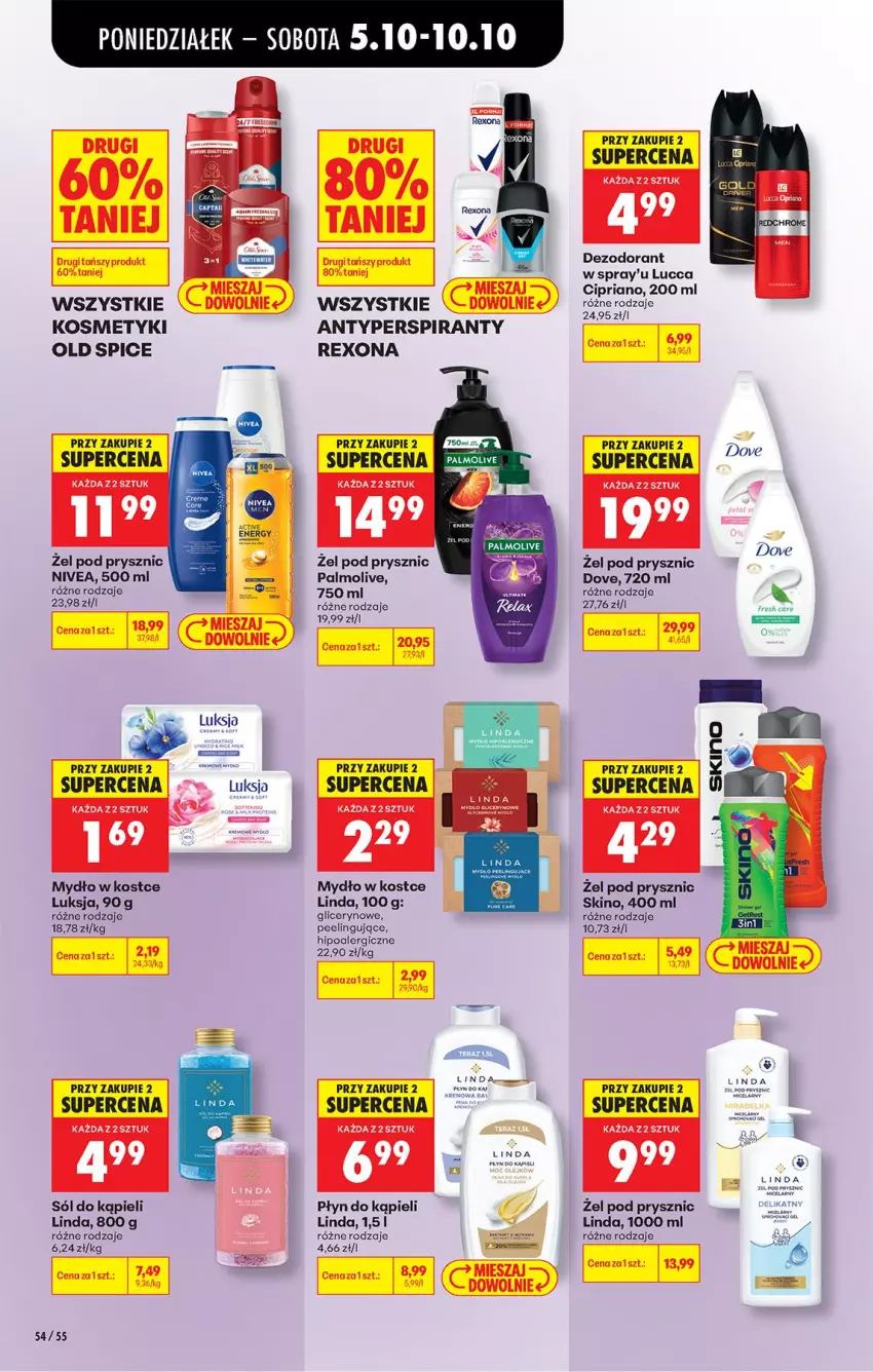 Gazetka promocyjna Biedronka - Od Poniedziałku - ważna 05.10 do 07.10.2026 - strona 73 - produkty: Antyperspirant, Dezodorant, Dove, Fa, Luksja, Mydło, Nivea, Old Spice, Palmolive, Peeling, Płyn do kąpieli, Rexona, Sól, Sól do kąpieli