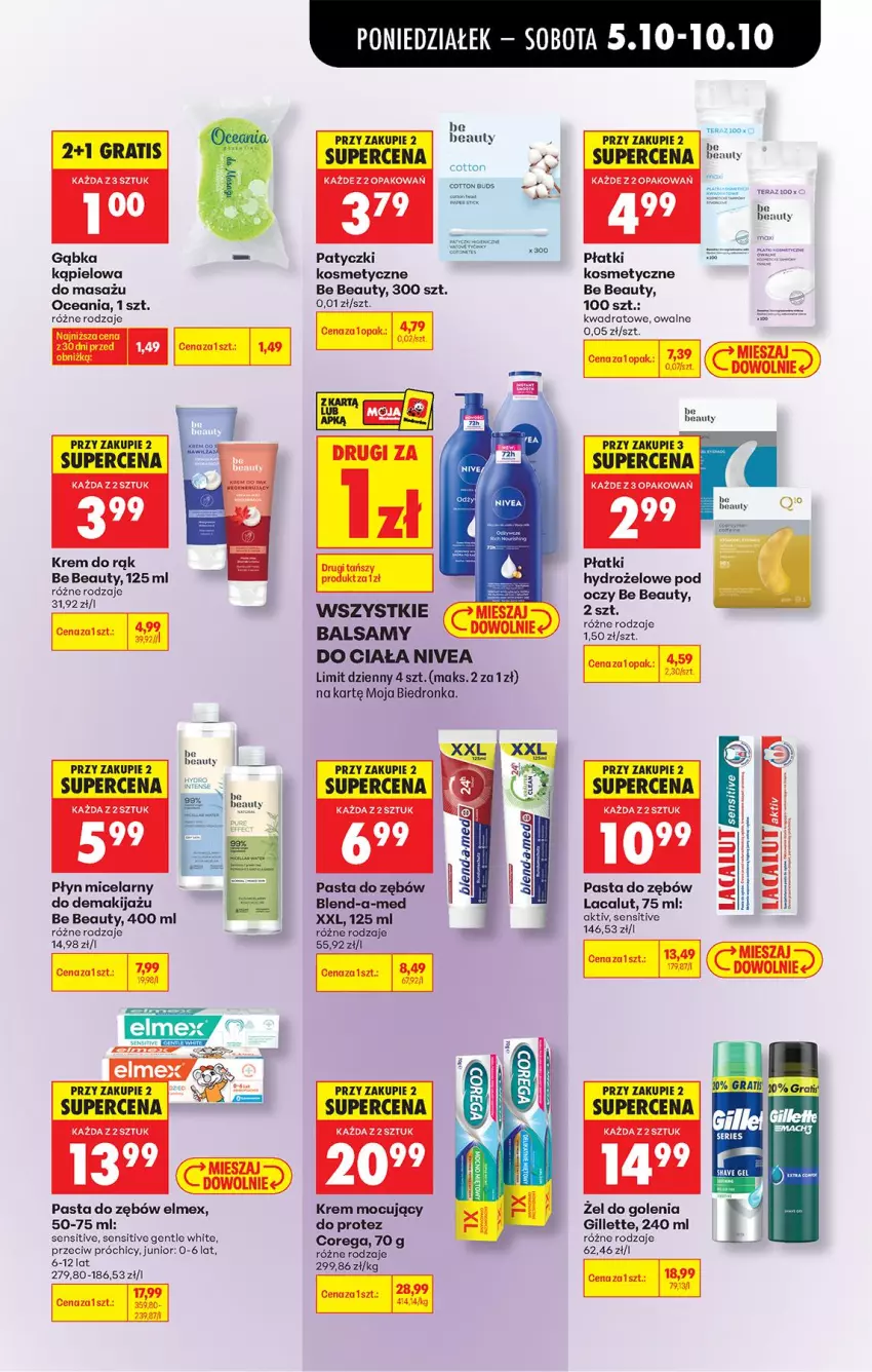 Gazetka promocyjna Biedronka - Od Poniedziałku - ważna 05.10 do 07.10.2026 - strona 74 - produkty: Be Be, Blend-a-Med, Corega, Gillette, Gra, Krem do rąk, Lacalut, Makijaż, Nivea, Nuty, Pasta do zębów, Patyczki kosmetyczne, Płyn micelarny, Tera