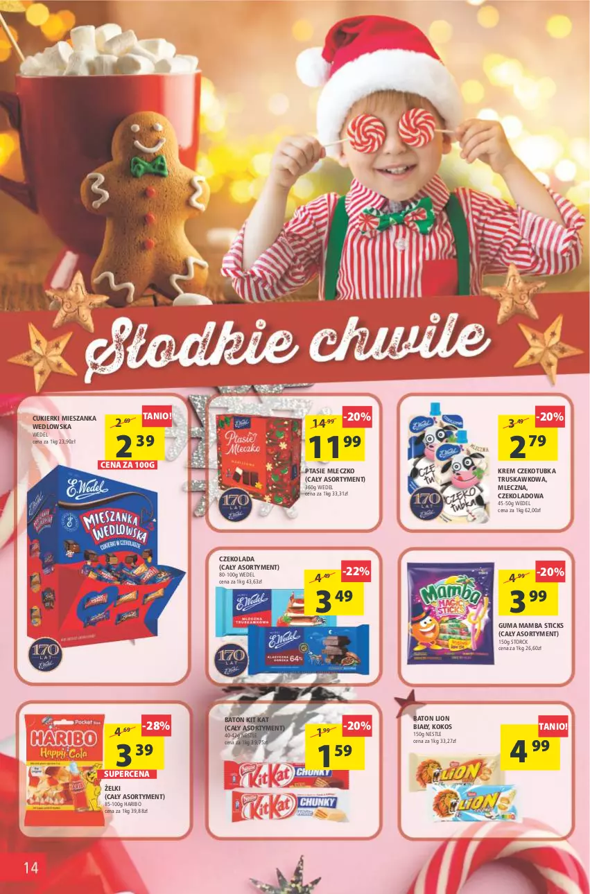 Gazetka promocyjna Arhelan - Gazetka - ważna 03.12 do 12.12.2021 - strona 14 - produkty: Baton, Cukier, Cukierki, Czekolada, Haribo, Kit Kat, Kokos, Lion, Mamba, Mieszanka wedlowska, Mleczko, Ptasie mleczko