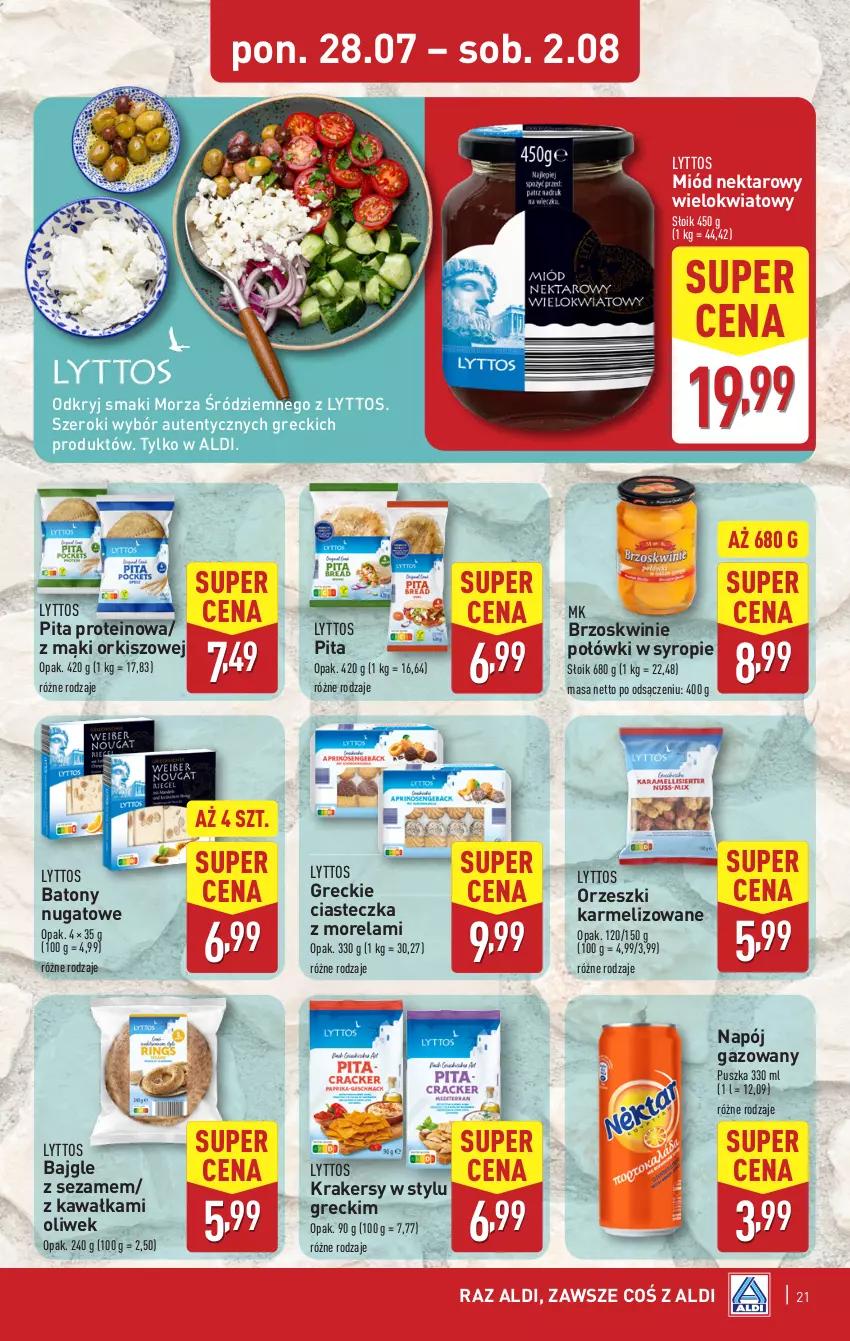 Gazetka promocyjna Aldi - Pełna oferta - ważna 28.07 do 02.08.2025 - strona 21 - produkty: Bajgle, Baton, Brzoskwinie, Kawa, Krakersy, Miód, Morela, Napój, Napój gazowany, Nektar, Orzeszki, Sezam, Syrop