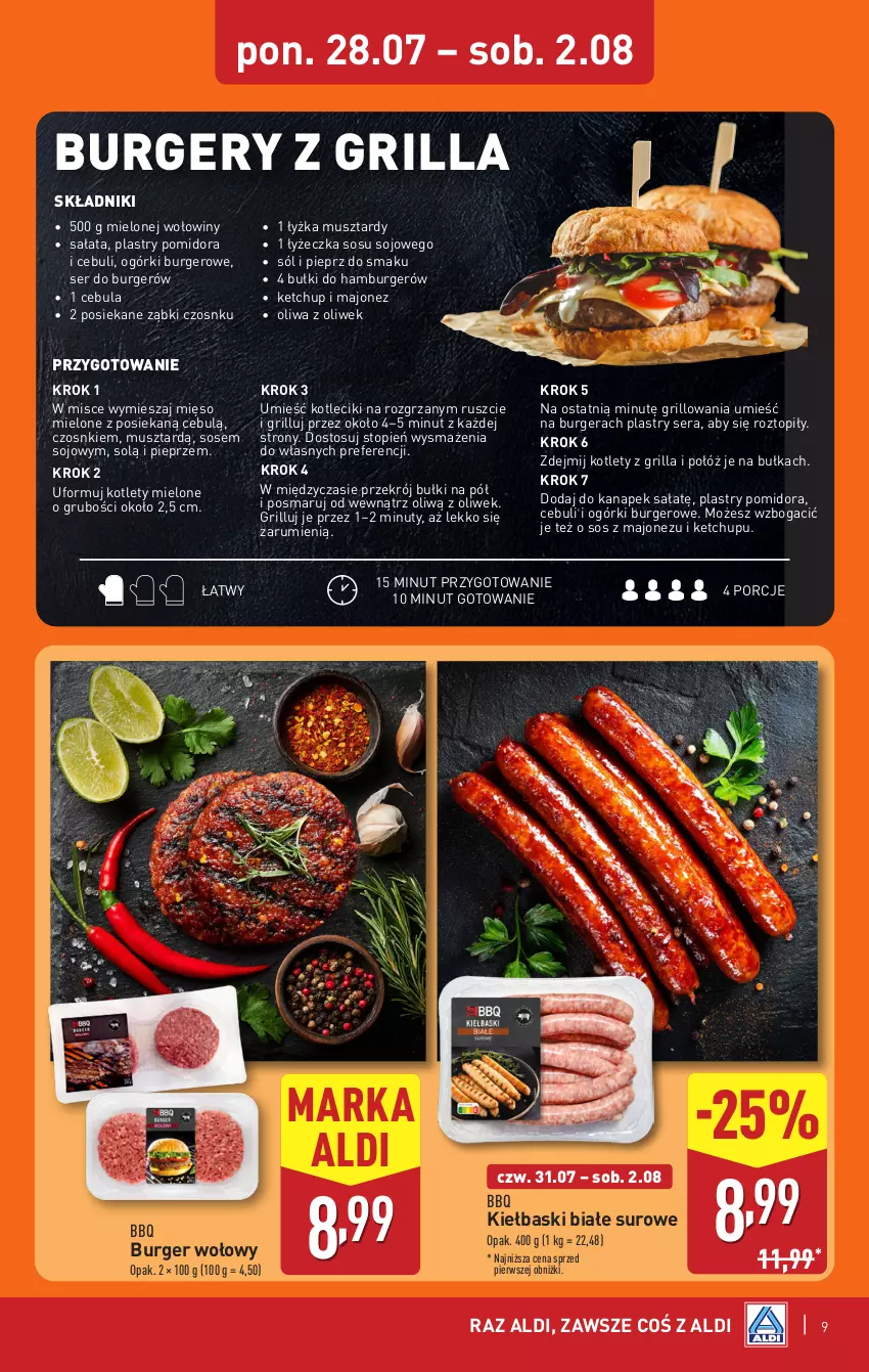 Gazetka promocyjna Aldi - Pełna oferta - ważna 28.07 do 02.08.2025 - strona 9 - produkty: Bułka, Burger, Cebula, Grill, Hamburger, Ketchup, Kiełbaski białe, Kotlet, Majonez, Mięso, Mięso mielone, Mus, Nuty, Oliwa, Oliwa z oliwek, Pieprz, Por, Rum, Sałat, Ser, Sól, Sos, Top