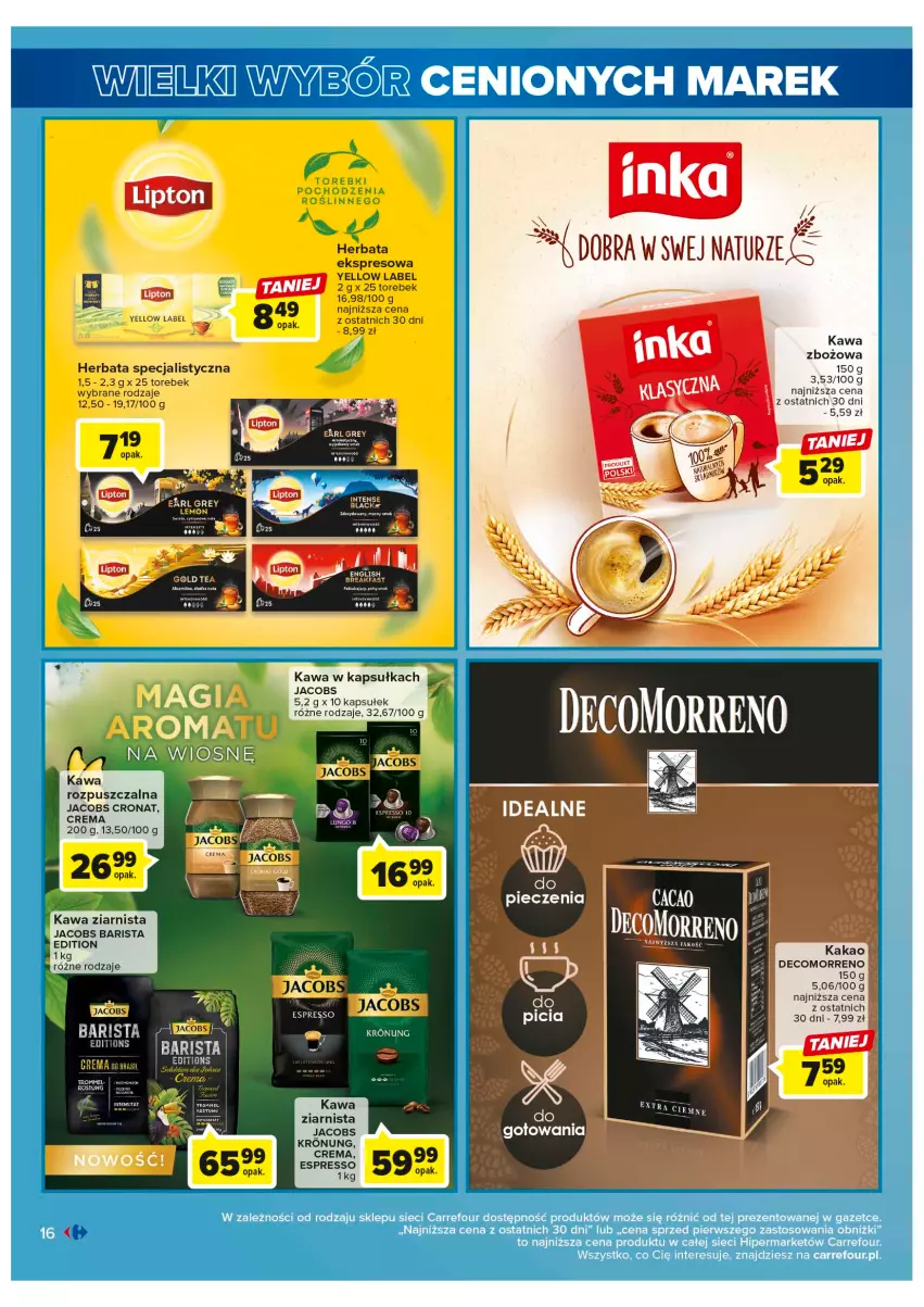 Gazetka promocyjna Carrefour - Gazetka Wielki wybór cenionych marek - ważna 30.05 do 10.06.2023 - strona 16 - produkty: Herbata, Jacobs, Kakao, Kawa, Kawa zbożowa, Kawa ziarnista, Piec