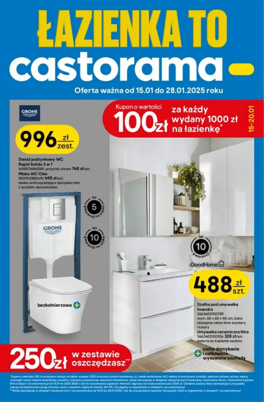 Gazetka promocyjna Castorama - ważna 15.01 do 28.01.2025 - strona 1 - produkty: Deska wolnoopadająca, Grohe, Miska, Szafka, Szafka pod umywalkę, Umywalka