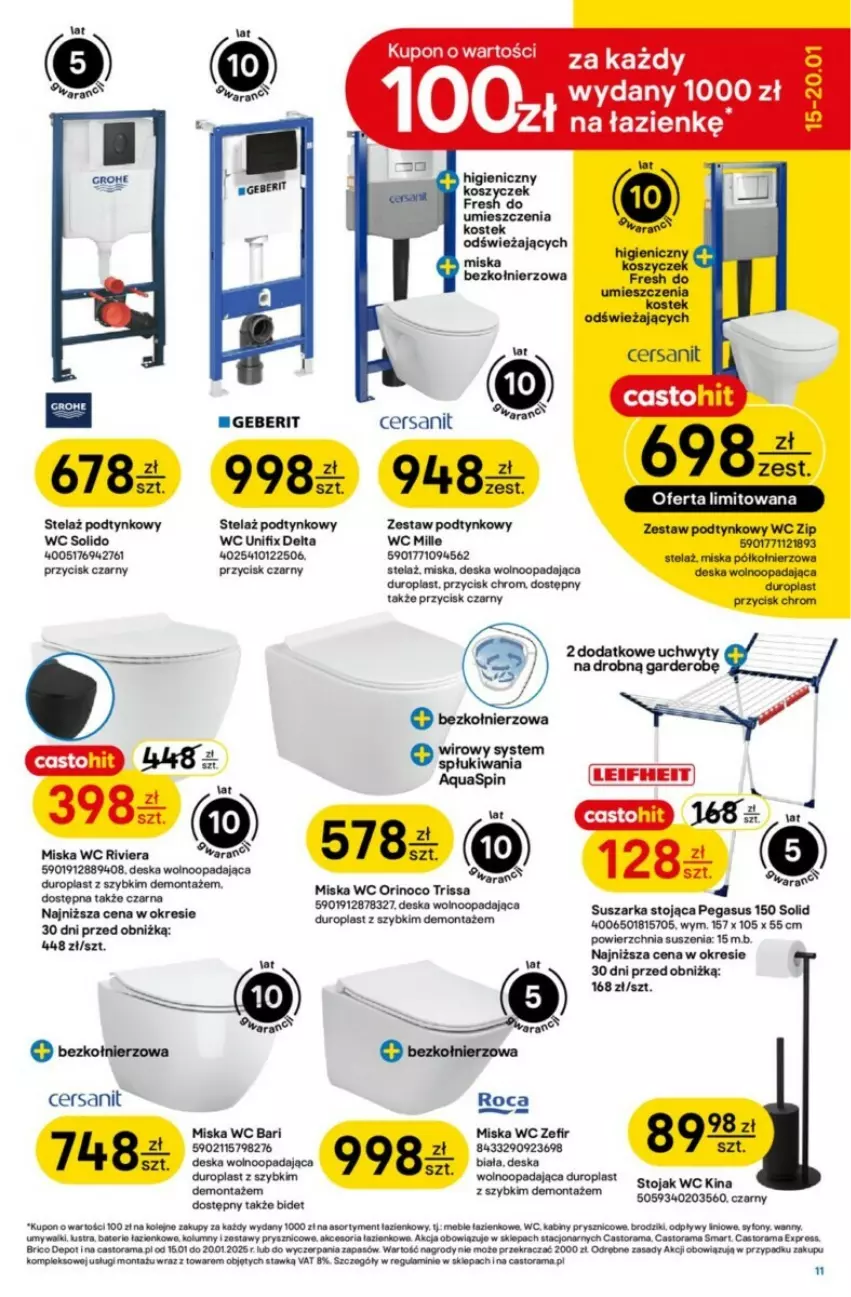 Gazetka promocyjna Castorama - ważna 15.01 do 28.01.2025 - strona 3 - produkty: Astor, Asus, Brodzik, Cersanit, Deska wolnoopadająca, Kosz, Miska, Olej, Piast, Rama, Stek, Stojak, Suszarka, Uchwyty, Zestaw podtynkowy WC