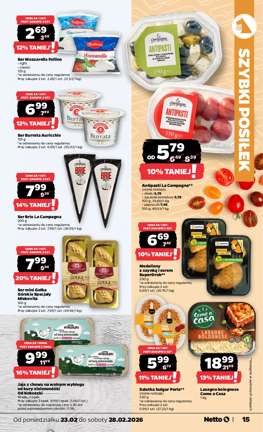 Gazetka promocyjna Netto - Od Poniedziałku - ważna 23.02 do 28.02.2026 - strona 15 - produkty: Brie, Bulgur, Burrata, Jaja, Kokos, Kosz, Lasagne, Lasagne bolognese, LG, Lion, Mleko, Mlekovita, Mozzarella, Oliwki, Pomidory, Sałat, Sałatka, Ser, Suszone pomidory, Vita C
