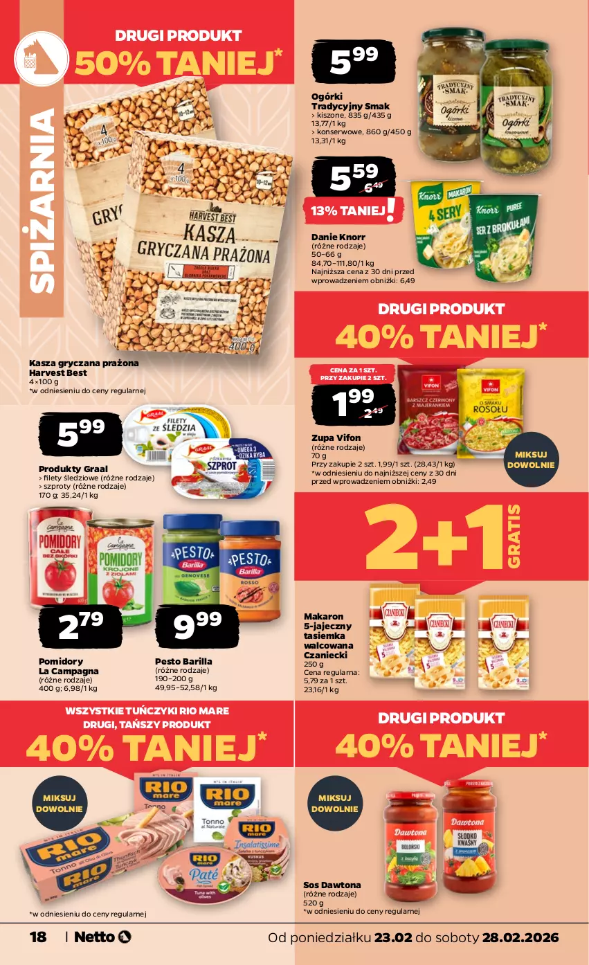 Gazetka promocyjna Netto - Od Poniedziałku - ważna 23.02 do 28.02.2026 - strona 18 - produkty: Barilla, Dawtona, Gra, Graal, Gry, Kasza, Kasza gryczana, Knorr, Makaron, Pesto, Pomidory, Rio Mare, Ser, Sos, Szprot, Tuńczyk, Zupa