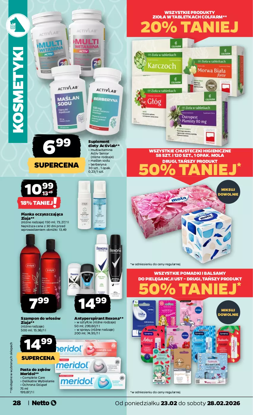Gazetka promocyjna Netto - Od Poniedziałku - ważna 23.02 do 28.02.2026 - strona 28 - produkty: Antyperspirant, Chusteczki, Fa, Mola, Pasta do zębów, Rexona, Suplement diety, Szampon, Tablet, Ziaja