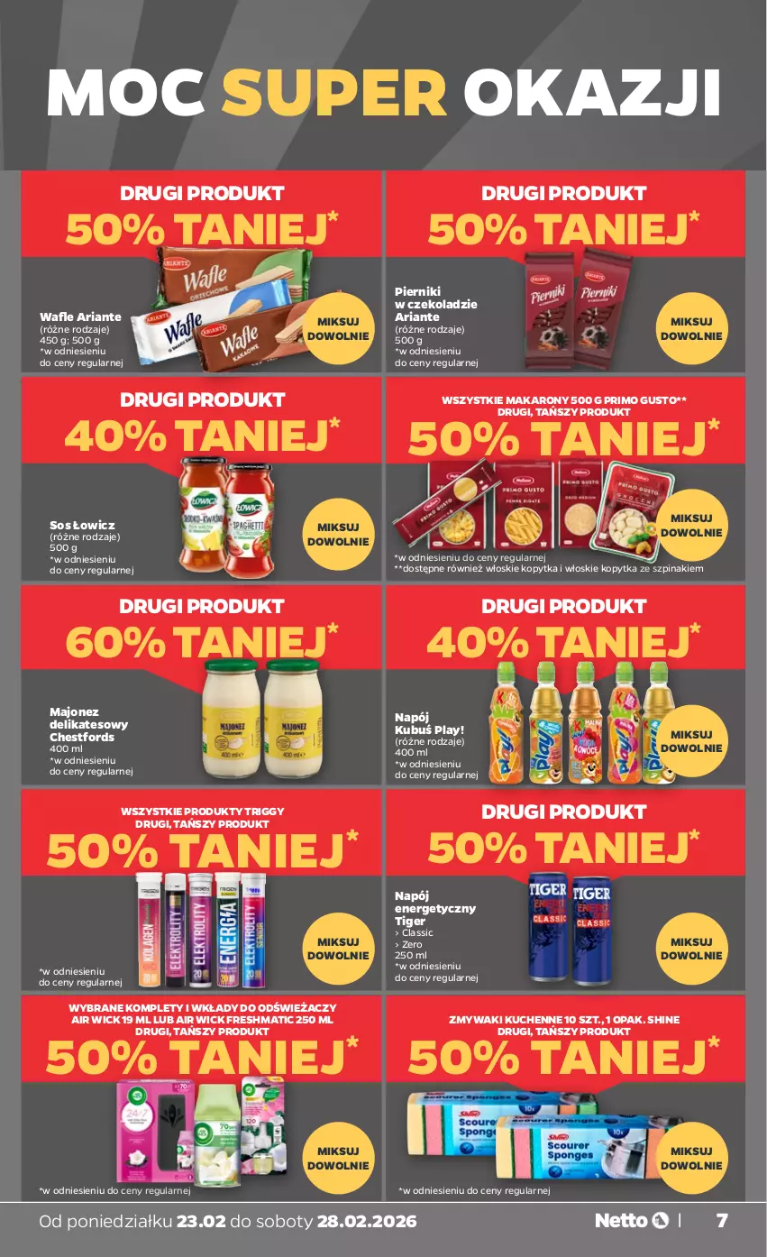 Gazetka promocyjna Netto - Od Poniedziałku - ważna 23.02 do 28.02.2026 - strona 7 - produkty: Air Wick, Kopytka, Kubuś, Majonez, Makaron, Napój, Napój energetyczny, Piernik, Pierniki w czekoladzie, Sos, Szpinak, Tiger, Wafle, Zmywaki kuchenne