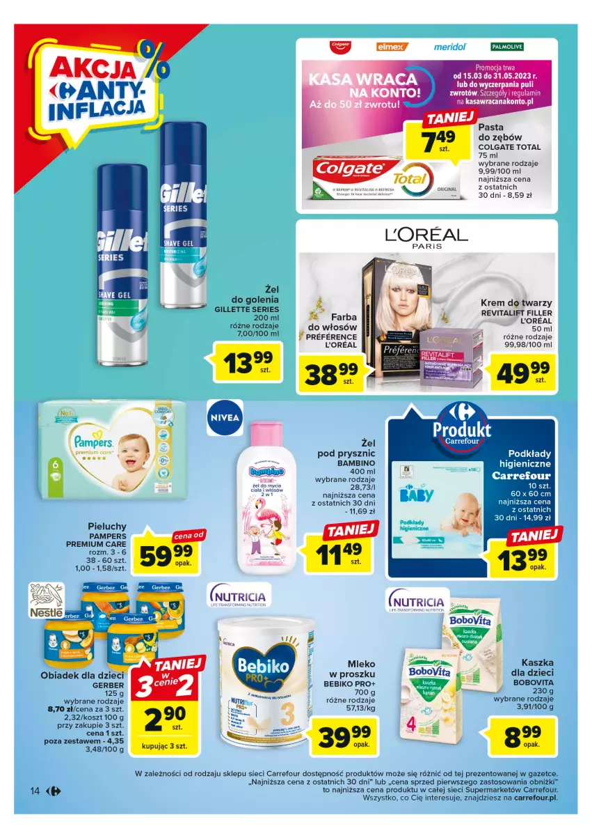 Gazetka promocyjna Carrefour - Gazetka Market - ważna 24.04 do 06.05.2023 - strona 14 - produkty: Acana, Bebiko, BoboVita, Colgate, Colgate Total, Dzieci, Fa, Gerber, Gillette, Gin, Kosz, Krem do twarzy, LG, Mleko, Palmolive, Pampers, Pasta do zębów, Pieluchy, Podkład, Ser, Tran