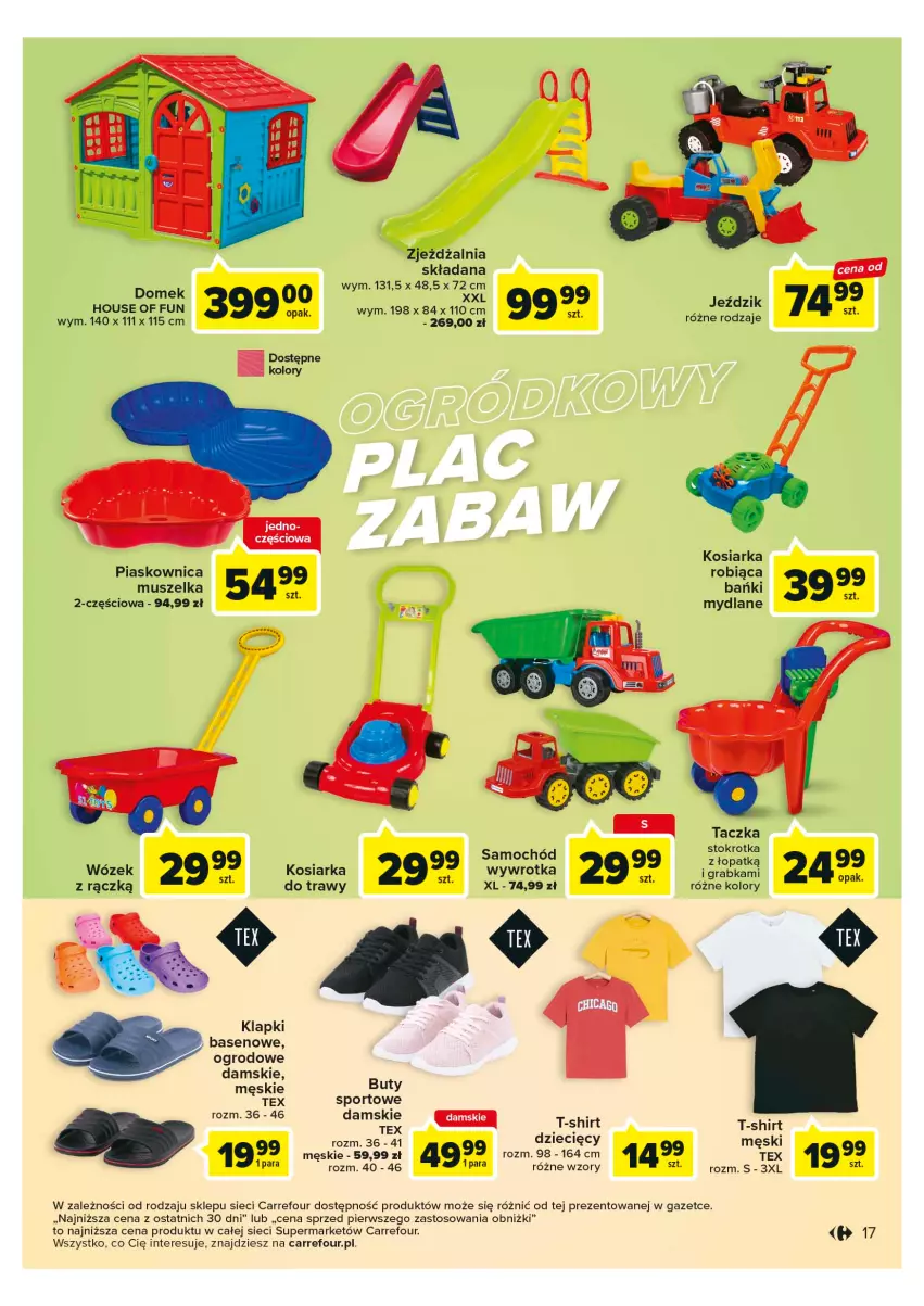 Gazetka promocyjna Carrefour - Gazetka Market - ważna 24.04 do 06.05.2023 - strona 17 - produkty: Buty, Dzieci, Gra, Klapki, Kosiarka, Mus, Por, Samochód, Sport, T-shirt, Wózek, Wywrotka