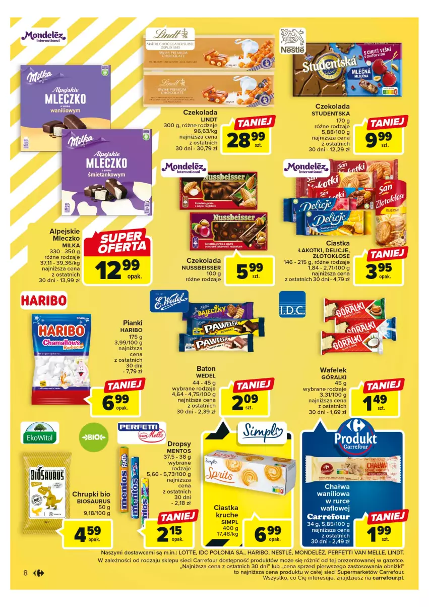 Gazetka promocyjna Carrefour - Gazetka Market - ważna 24.04 do 06.05.2023 - strona 8 - produkty: Baton, Chrupki, Ciastka, Czekolada, Delicje, Góralki, Hama, Haribo, LG, Lindt, Mentos, Milka, Mleczko, Ser, Wafelek