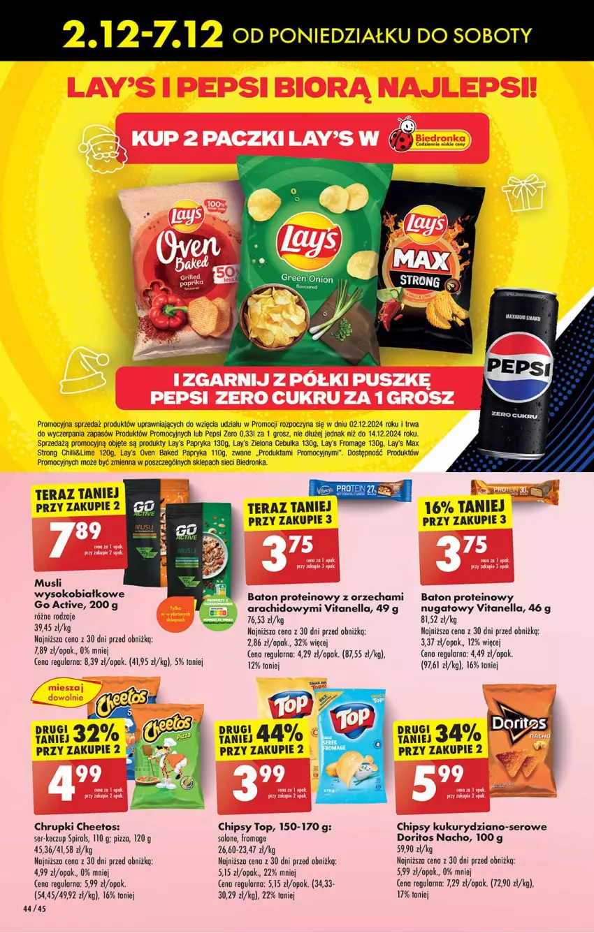 Gazetka promocyjna Biedronka - Od Poniedziałku - ważna 02.12 do 07.12.2024 - strona 44 - produkty: Baton, Cheetos, Chipsy, Chrupki, Mus, Papryka, Pepsi, Pizza, Ser, Sok, Tera, Top