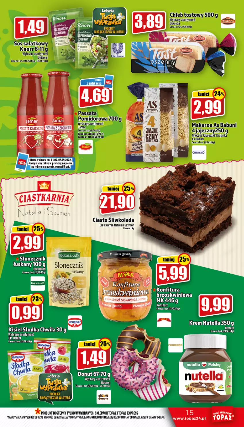 Gazetka promocyjna Topaz - Gazetka - ważna 01.09 do 07.09.2022 - strona 15 - produkty: Babuni, Chleb, Chleb tostowy, Ciastka, Donut, Ferrero, Knorr, Makaron, Nutella, Sałat, SEKO, Sos, Top