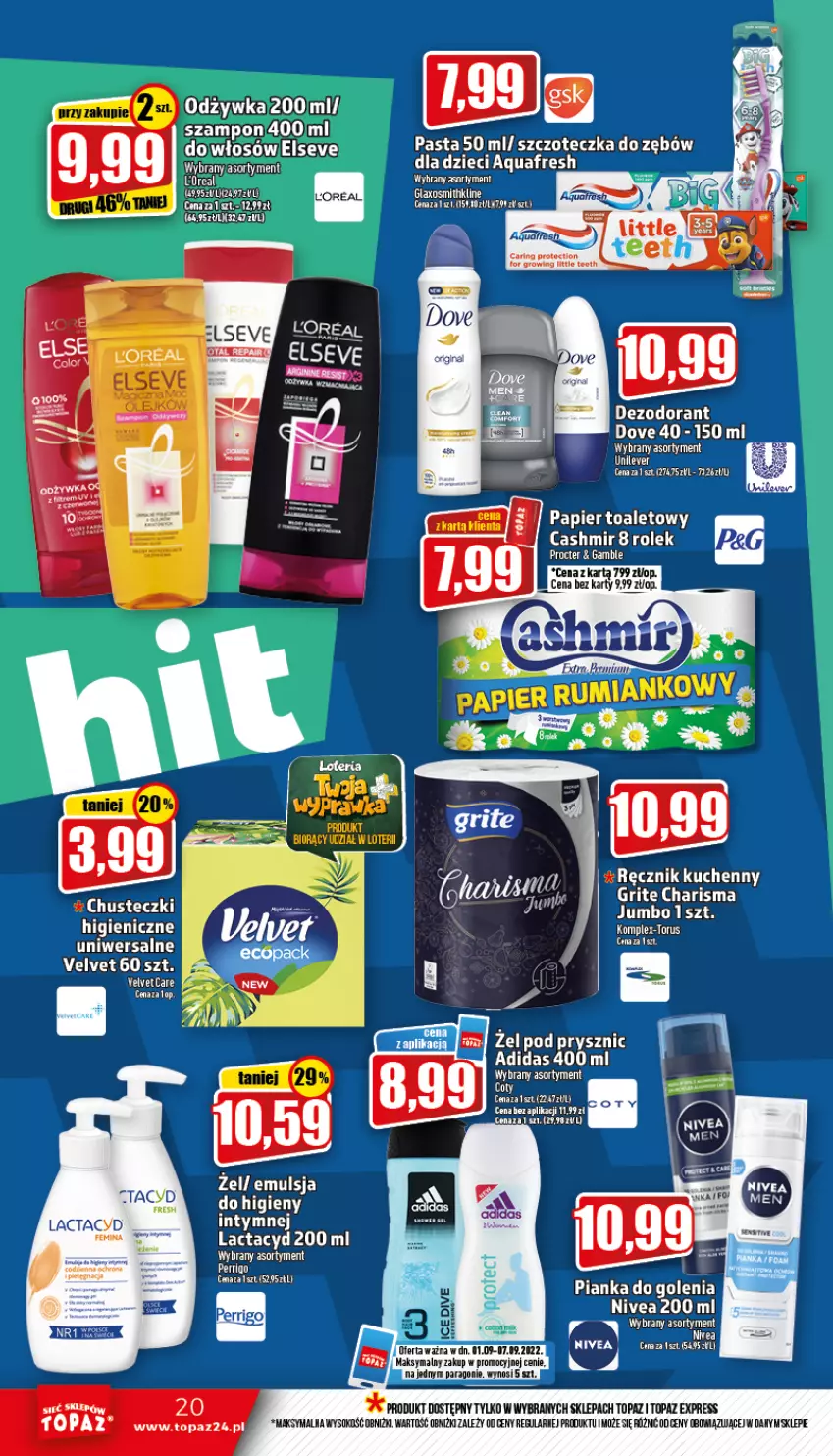 Gazetka promocyjna Topaz - Gazetka - ważna 01.09 do 07.09.2022 - strona 20 - produkty: Aquafresh, Dezodorant, Dove, Dzieci, Elseve, Emulsja, Lactacyd, Nivea, Odżywka, Papier, Papier toaletowy, Pianka do golenia, Ręcznik, Ręcznik kuchenny, Sok, Szampon, Szczoteczka, Szczoteczka do zębów, Top, Velvet