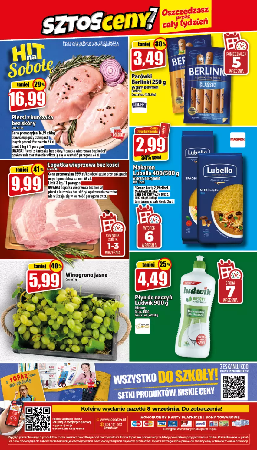 Gazetka promocyjna Topaz - Gazetka - ważna 01.09 do 07.09.2022 - strona 24 - produkty: Bell, Bella, Berlinki, Kurczak, Lubella, Ludwik, Olej, Parówki, Waga, Wino