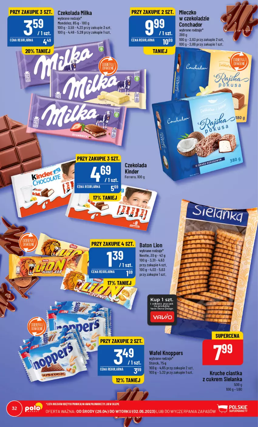 Gazetka promocyjna PoloMarket - Gazetka pomocyjna - ważna 26.04 do 02.05.2023 - strona 32 - produkty: Baton, Ciastka, Czekolada, Ferrero, Kinder, Knoppers, Lion, Milka, Mleczko