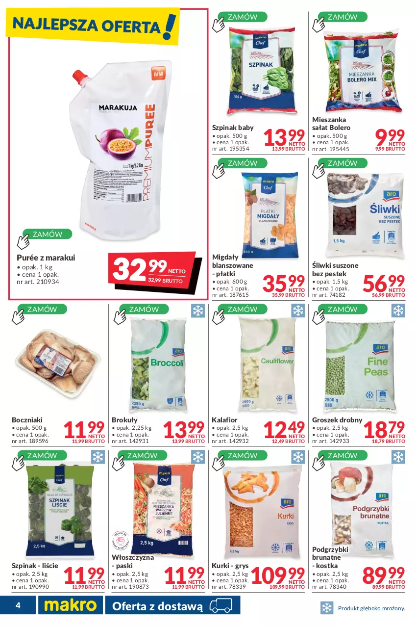 Gazetka promocyjna Makro - [Oferta promocyjna] Dostawa - ważna 08.03 do 04.04.2022 - strona 4 - produkty: Boczniak, Brokuły, Groszek, Gry, Kalafior, Mieszanka sałat, Migdały, Podgrzybki, Pur, Sałat, Stek, Szpinak