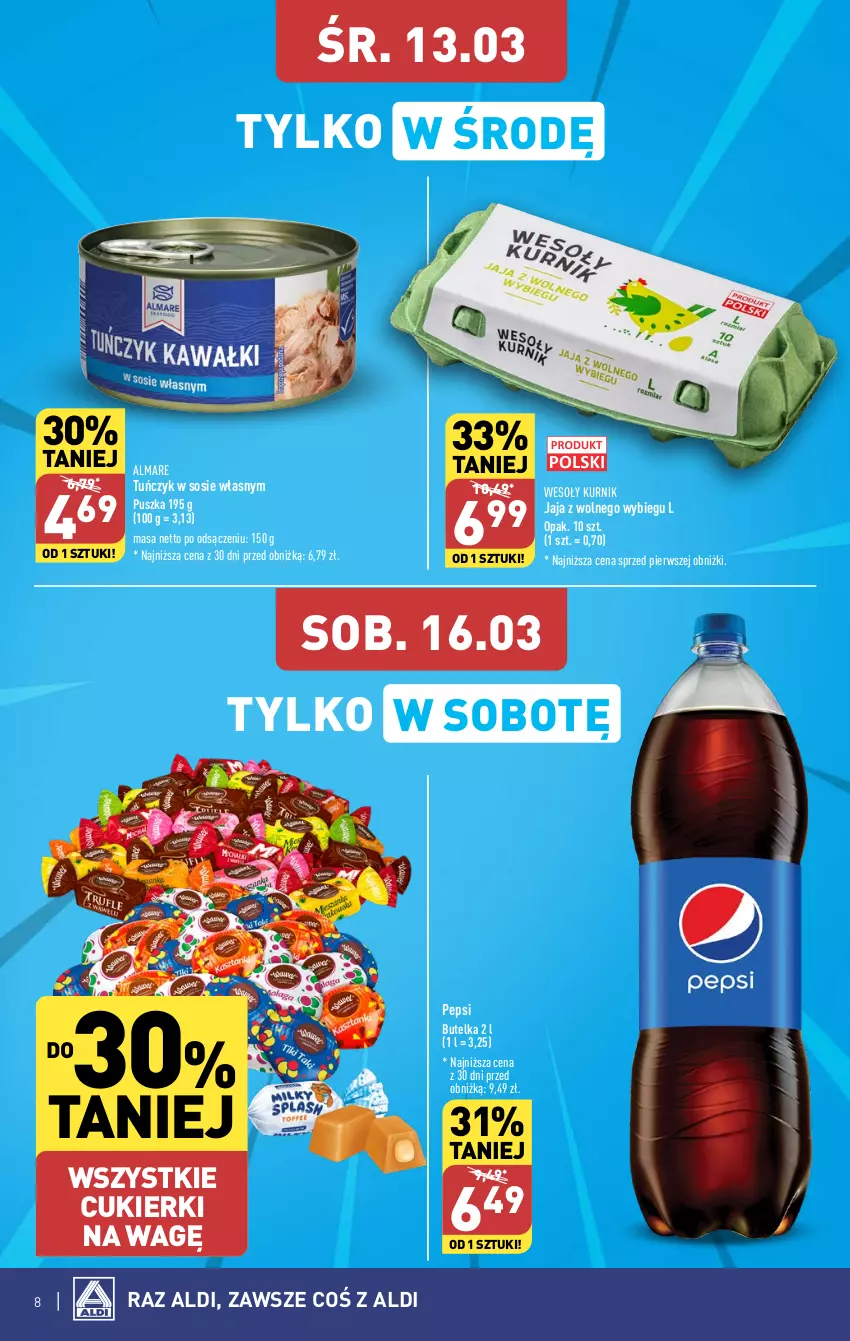 Gazetka promocyjna Aldi - Pełna oferta - ważna 11.03 do 16.03.2024 - strona 8 - produkty: Cukier, Cukierki, Jaja, Jaja z wolnego wybiegu, Pepsi, Sos, Tuńczyk