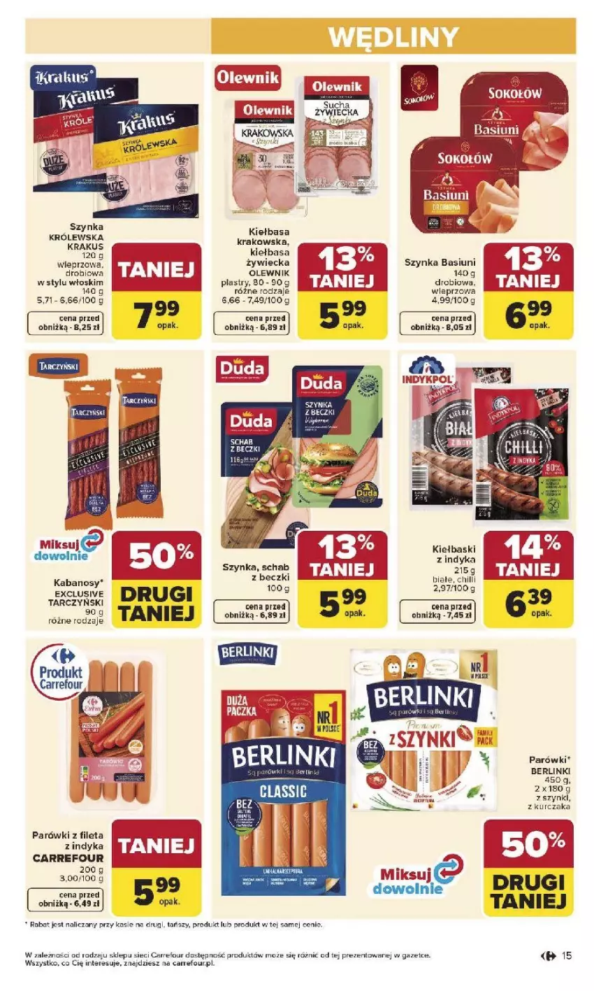 Gazetka promocyjna Carrefour - Gazetka Carrefour, Market od poniedziałku! - ważna 27.04 do 02.05.2026 - strona 17 - produkty: Berlinki, Fa, Kabanos, Kiełbasa, Kiełbasa krakowska, Krakus, Olewnik, Parówki, Szynka, Szynka Królewska, Tarczyński