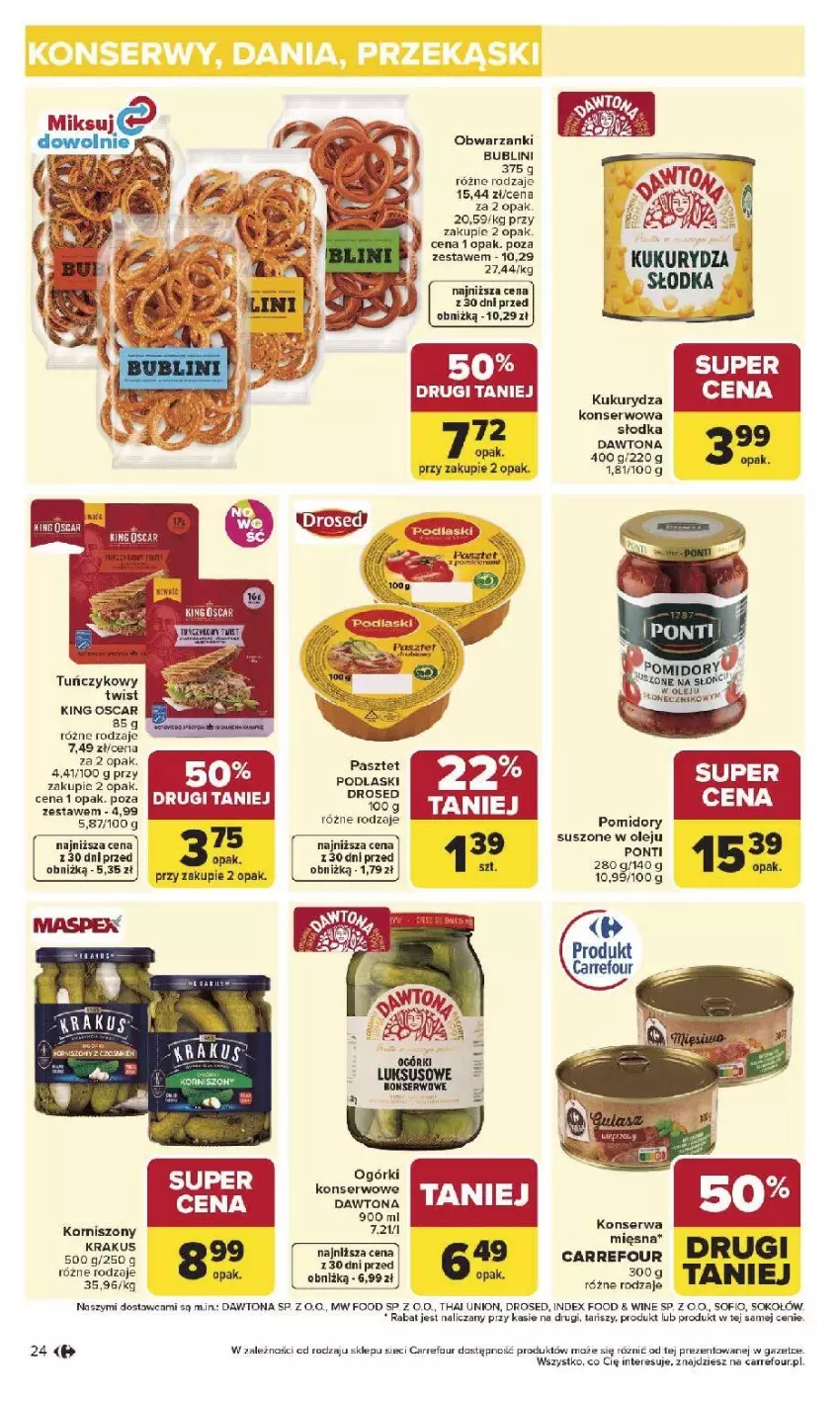 Gazetka promocyjna Carrefour - Gazetka Carrefour, Market od poniedziałku! - ważna 27.04 do 02.05.2026 - strona 26 - produkty: Dawtona, Korniszony, Krakus, Kukurydza, Kukurydza konserwowa, Olej, Pasztet, Podlaski, Pomidory, Ponti, Ser, Sok, Sokołów, Tuńczyk