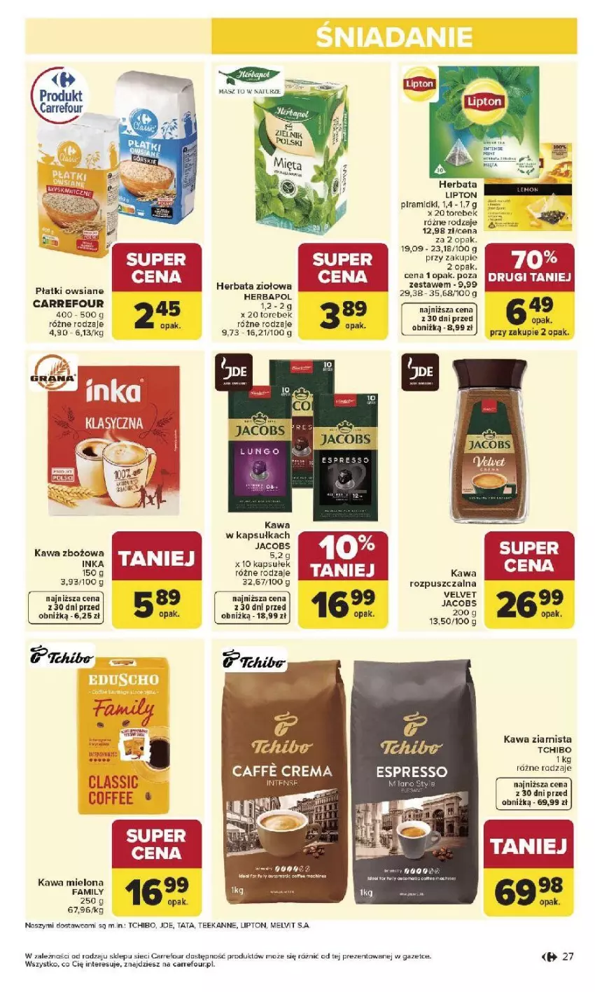 Gazetka promocyjna Carrefour - Gazetka Carrefour, Market od poniedziałku! - ważna 27.04 do 02.05.2026 - strona 29 - produkty: Fa, Herbapol, Herbata, Inka, Jacobs, Kawa, Kawa mielona, Kawa zbożowa, Lipton, Melvit, Płatki owsiane, Teekanne