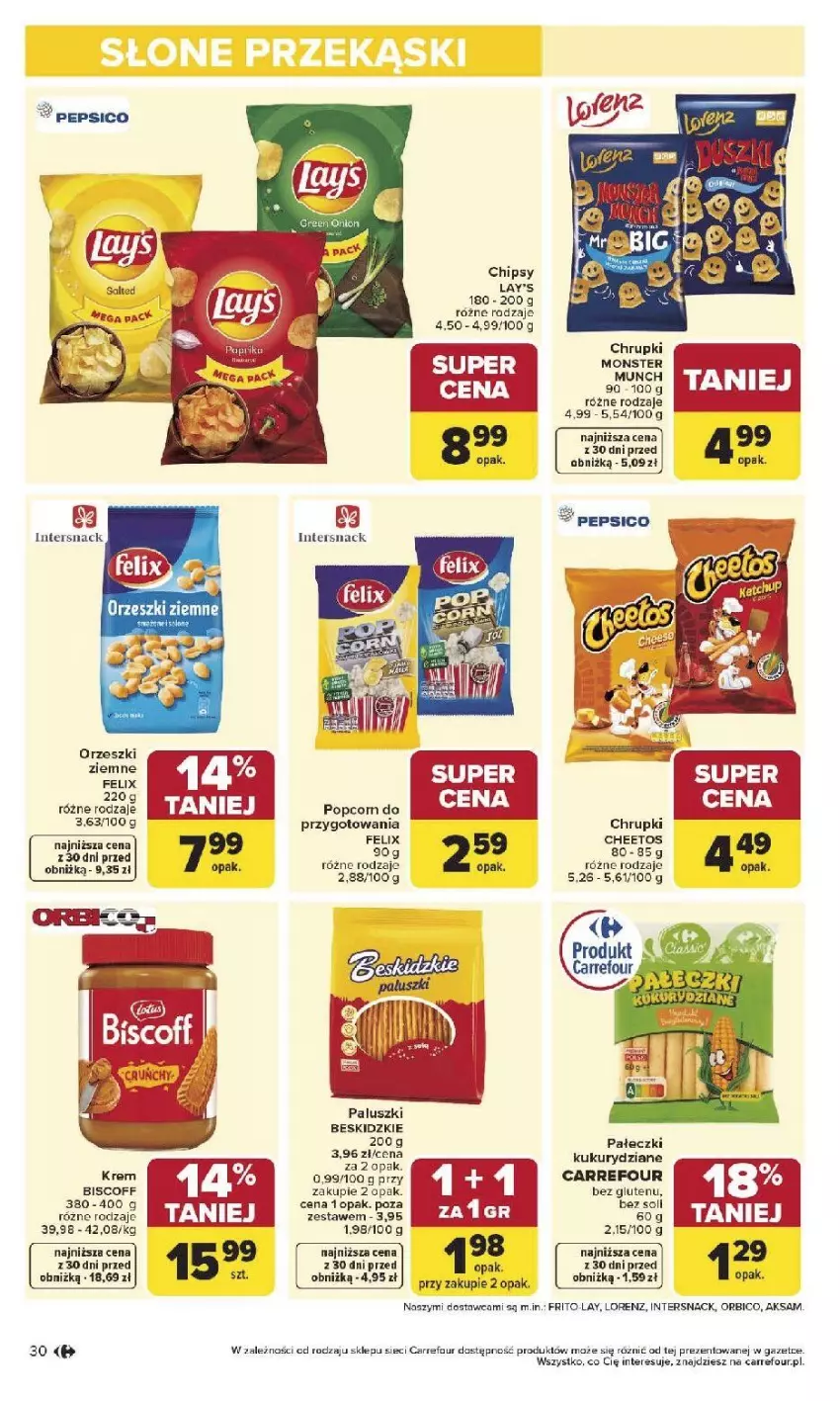 Gazetka promocyjna Carrefour - Gazetka Carrefour, Market od poniedziałku! - ważna 27.04 do 02.05.2026 - strona 32 - produkty: Aksam, Beskidzki, Cheetos, Chipsy, Chrupki, Felix, Lorenz, Monster Munch, Orzeszki, Orzeszki ziemne, Pepsi, Popcorn, Por