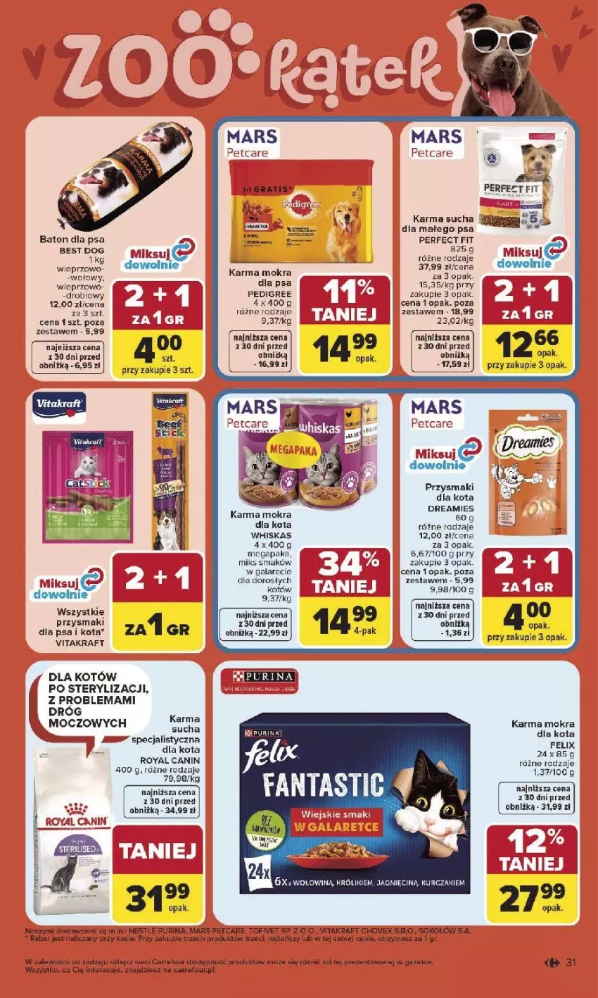 Gazetka promocyjna Carrefour - Gazetka Carrefour, Market od poniedziałku! - ważna 27.04 do 02.05.2026 - strona 33 - produkty: Baton, Baton dla psa, Fa, Fanta, Felix, Gala, Gra, Królik, Kurczak, Mars, Pedigree, Przysmaki, Pur, Purina, Royal Canin, Sok, Sokołów, Tera, Vitakraft, Whiskas