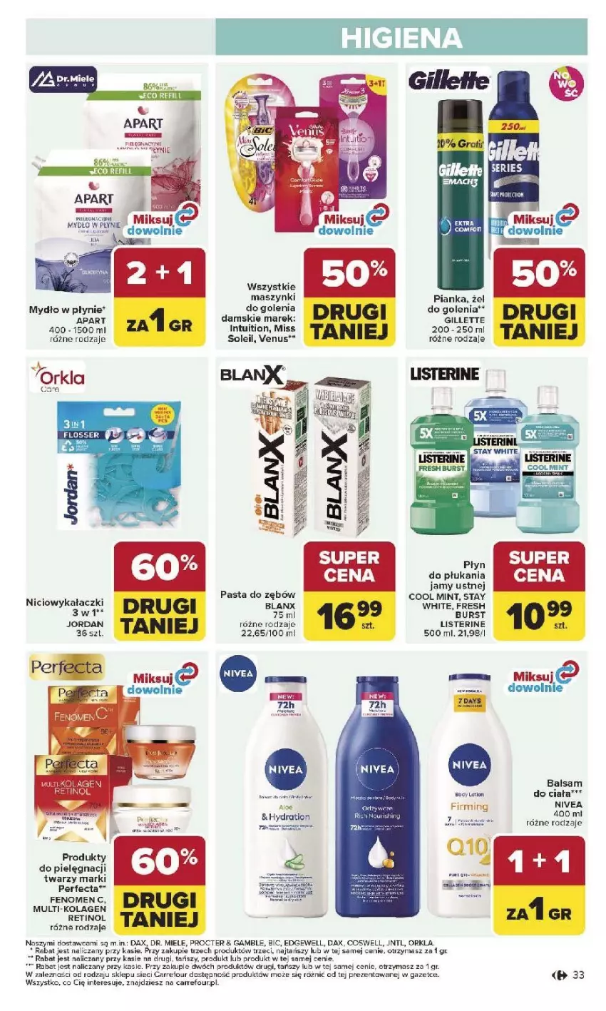 Gazetka promocyjna Carrefour - Gazetka Carrefour, Market od poniedziałku! - ważna 27.04 do 02.05.2026 - strona 35 - produkty: BIC, DAX, Fa, Gillette, Gra, Kaki, Kolagen, Listerine, Mydło, Mydło w płynie, Nivea, Pasta do zębów, Perfecta, Płyn do płukania, Płyn do płukania jamy ustnej, Venus