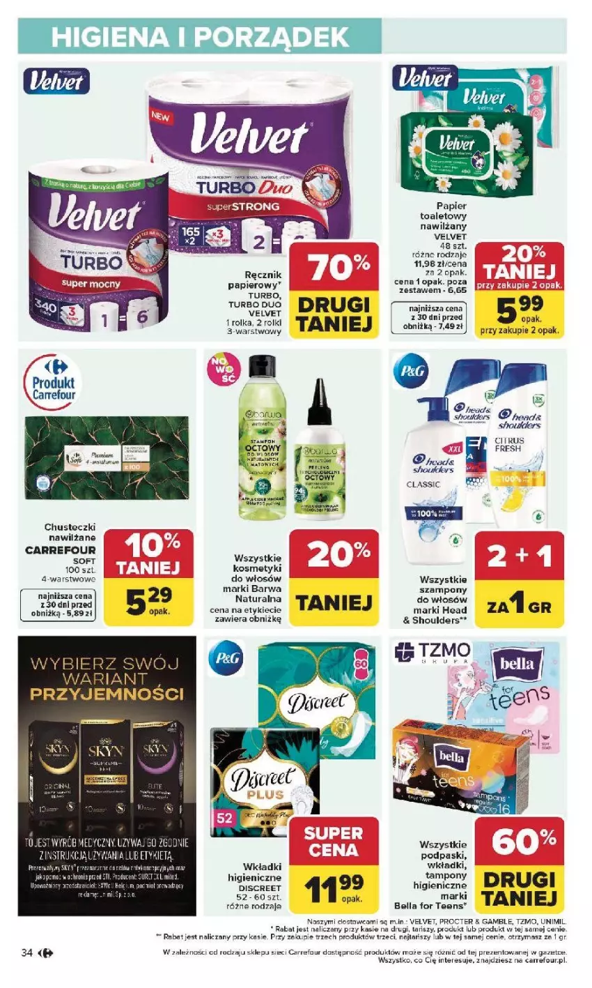 Gazetka promocyjna Carrefour - Gazetka Carrefour, Market od poniedziałku! - ważna 27.04 do 02.05.2026 - strona 36 - produkty: Bell, Bella, Chusteczki, Discreet, Fa, Papier, Papier toaletowy, Podpaski, Ręcznik, Rolki, Sok, Szampon, Velvet, Wkładki