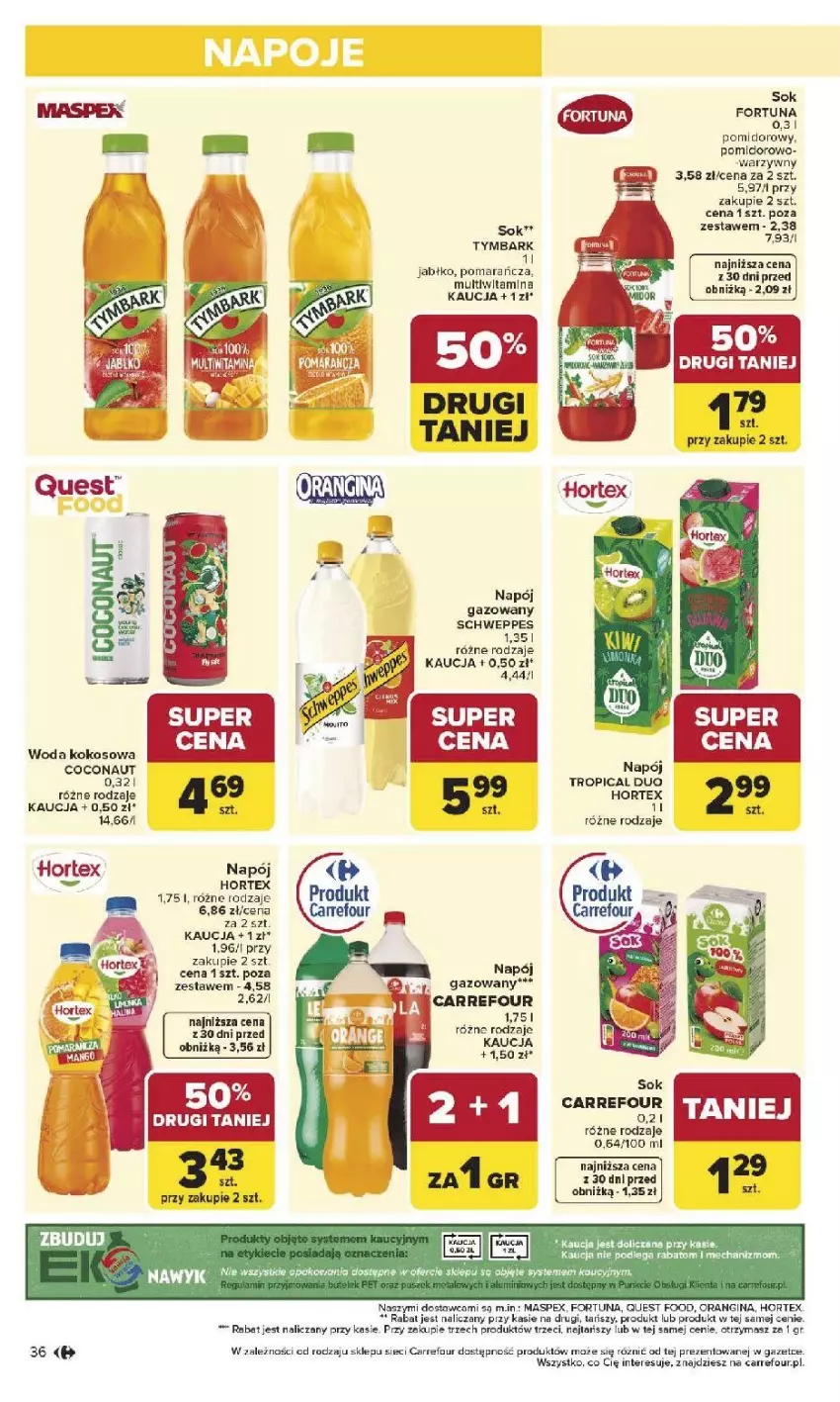 Gazetka promocyjna Carrefour - Gazetka Carrefour, Market od poniedziałku! - ważna 27.04 do 02.05.2026 - strona 38 - produkty: Fa, Fortuna, Gin, Hortex, Kokos, Napój, Napój gazowany, Schweppes, Sok, Tropical, Tymbark, Woda