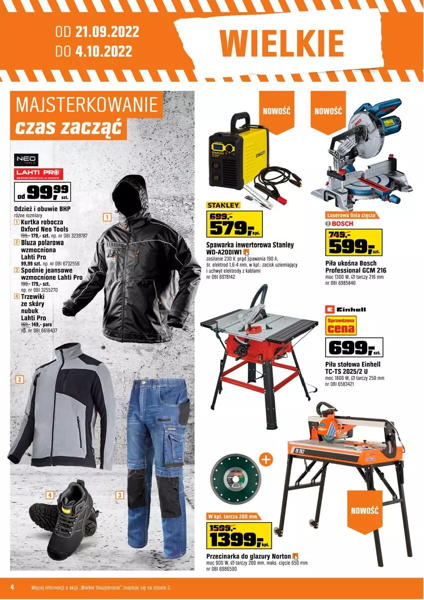 Gazetka promocyjna Obi - Gazetka OBI - ważna 21.09 do 04.10.2022 - strona 4 - produkty: Bluza, Bluza polarowa, Bosch, Einhell, HP, Kurtka, Kurtka robocza, Lazur, Obuwie, Przecinarka, Przecinarka do glazury, Silan, Spodnie, Spodnie jeans, Warka