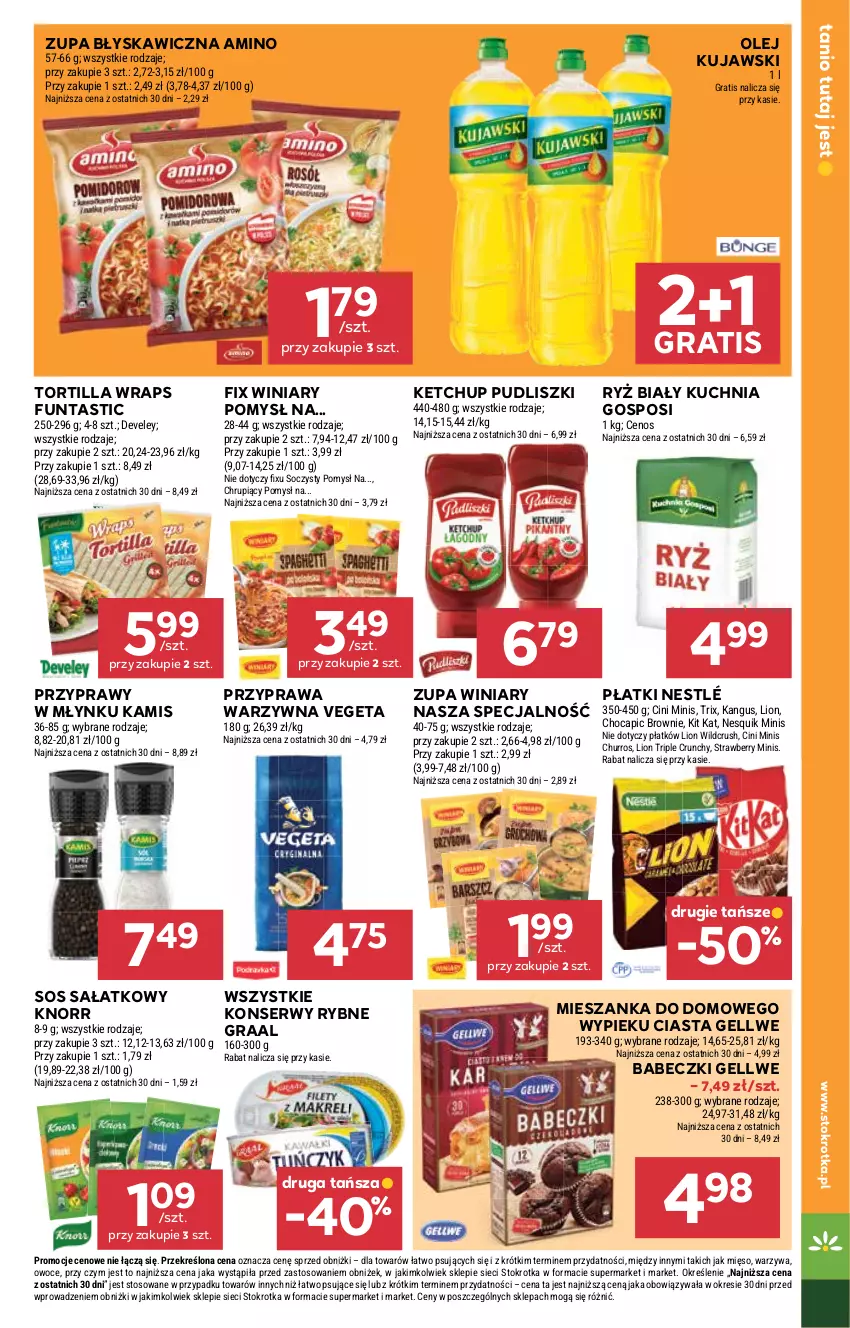 Gazetka promocyjna Stokrotka - otw bez lady - ważna 11.09 do 12.09.2025 - strona 19 - produkty: Babeczki, Brownie, Cenos, Cini Minis, Gra, Graal, Kamis, Ketchup, Kit Kat, Knorr, Kuchnia, Kujawski, Lion, Mięso, Nesquik, Nestlé, Olej, Owoce, Przyprawy, Pudliszki, Ryż, Ryż biały, Sałat, Ser, Sos, Tortilla, Vegeta, Warzywa, Winiary, Zupa