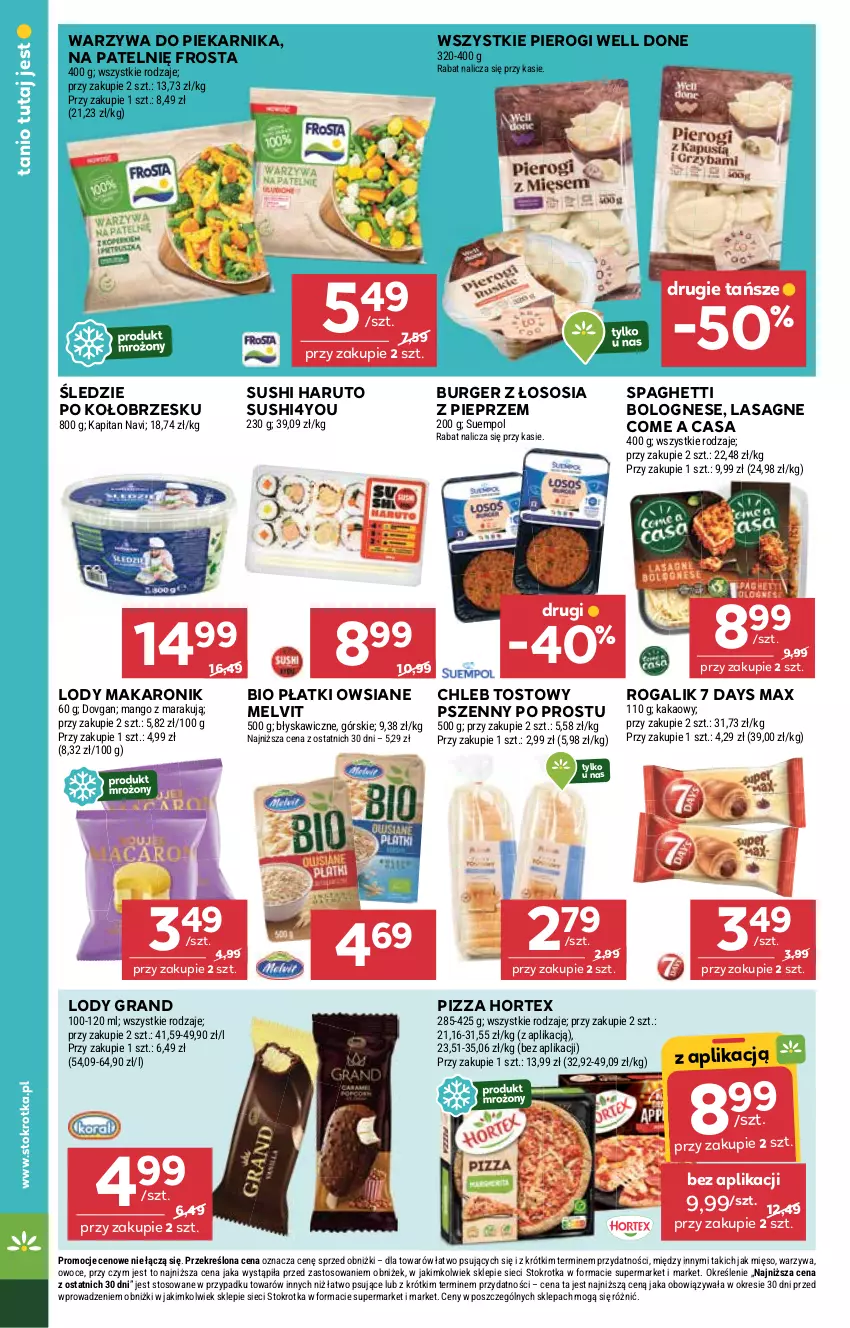 Gazetka promocyjna Stokrotka - otw bez lady - ważna 11.09 do 12.09.2025 - strona 32 - produkty: 7 Days, Burger, Chleb, Chleb tostowy, Frosta, Gra, Hortex, Kakao, Lasagne, Lody, Makaron, Mango, Melvit, Mięso, Owoce, Piekarnik, Pieprz, Pierogi, Pizza, Płatki owsiane, Rogal, Sos, Spaghetti, Suempol, Sushi, Warzywa