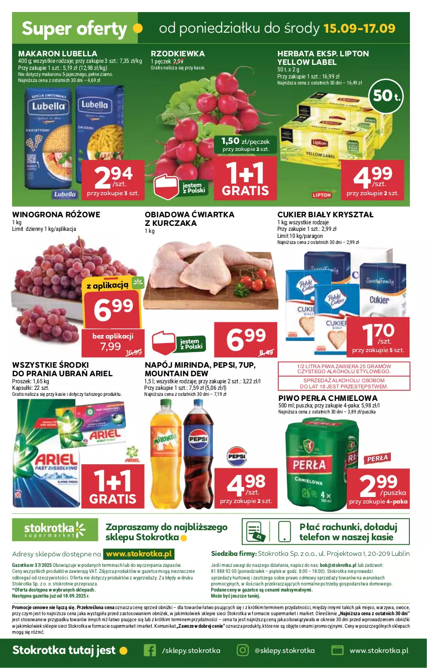 Gazetka promocyjna Stokrotka - otw bez lady - ważna 11.09 do 12.09.2025 - strona 48 - produkty: 7up, Ariel, Bell, Bella, Cukier, Dres, Gra, Herbata, JBL, Kurczak, Lipton, Lubella, Makaron, Mięso, Mirinda, Napój, O nas, Owoce, Pepsi, Perła, Piwa, Piwo, Rzodkiewka, Telefon, Wagi, Warzywa, Wino, Winogrona