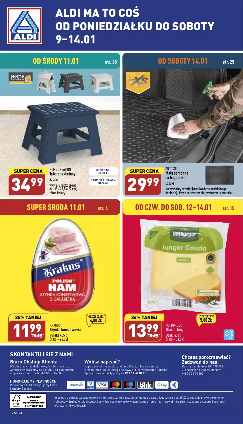 Gazetka promocyjna Aldi - COŚ na przyszły tydzień - ważna 11.01 do 14.01.2023 - strona 12 - produkty: Biuro, Burger, Gouda, Hofburger, Krakus, Mata ochronna, O Bag, O nas, Por, Ser, Szynka, Szynka konserwowa, Taboret, Taboret składany