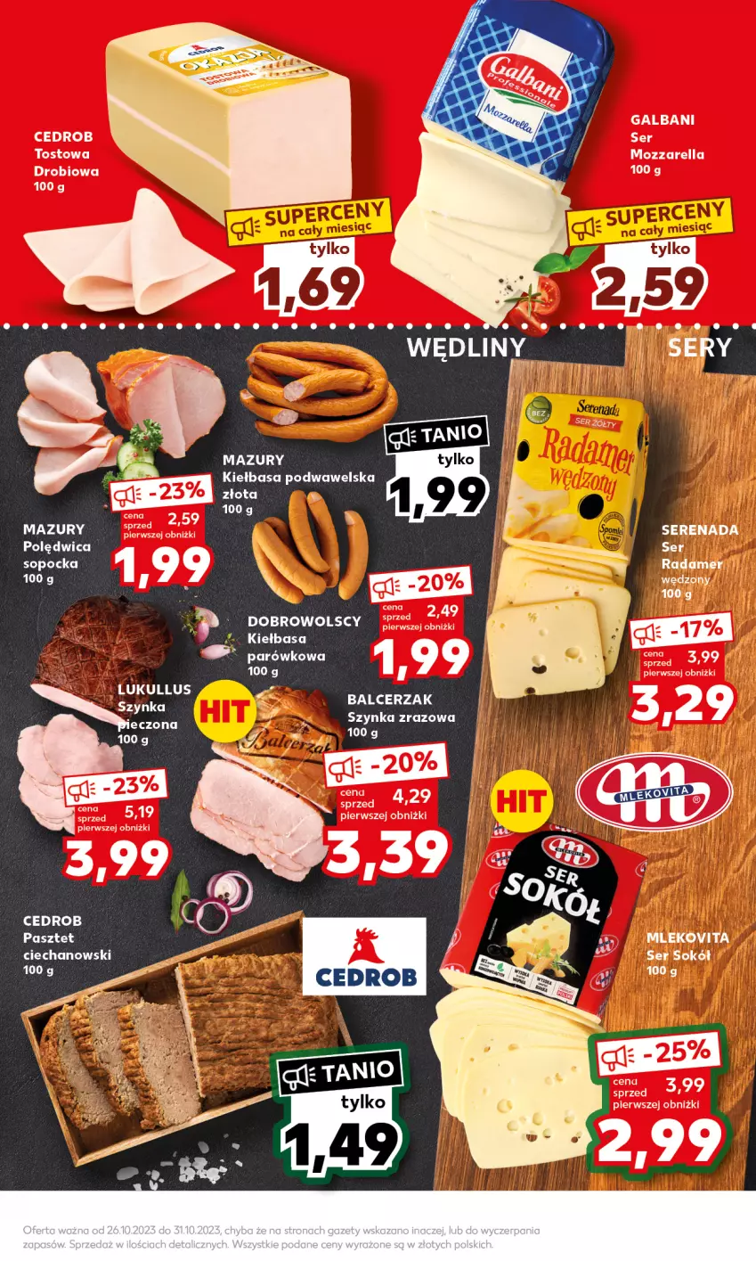 Gazetka promocyjna Kaufland - Mocny Start - ważna 30.10 do 31.10.2023 - strona 15 - produkty: Galbani, Kiełbasa, Kiełbasa podwawelska, Mleko, Mlekovita, Mozzarella, Pasztet, Radamer, Ser, Sok, Sokół, Szynka, Wawel