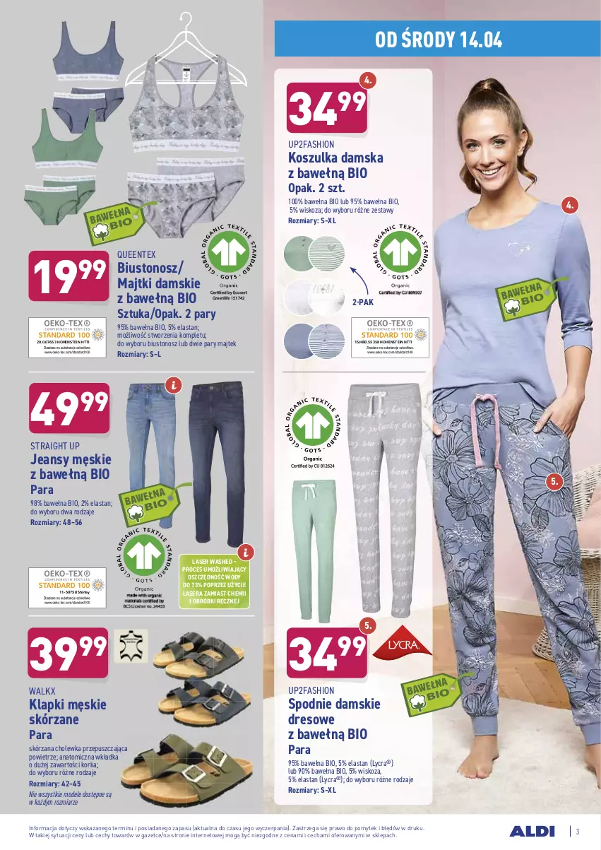 Gazetka promocyjna Aldi - ważna 14.04 do 17.04.2021 - strona 3 - produkty: Atomic, Biustonosz, Dres, Fa, Klapki, Kosz, Koszulka, Majtki, Orka, Queentex, Ser, Spodnie, Wełna