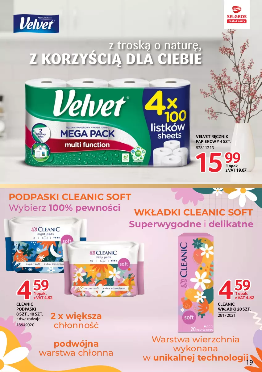 Gazetka promocyjna Selgros - Markowe produkty - ważna 16.02 do 01.03.2023 - strona 19 - produkty: Cleanic, Papier, Podpaski, Ręcznik, Velvet, Wkładki