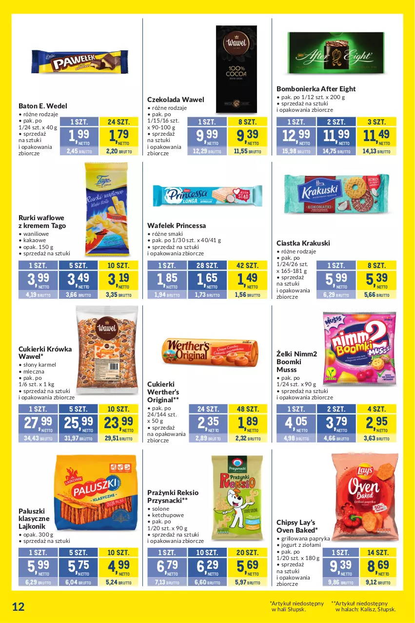 Gazetka promocyjna Makro - Kupujesz więcej płacisz mniej - ważna 21.01 do 17.02.2025 - strona 12 - produkty: Baton, Chipsy, Ciastka, Cukier, Cukierki, Czekolada, E. Wedel, Gin, Grill, Jogurt, Kakao, Ketchup, Krakus, Krakuski, Lajkonik, Lay’s, Mus, Nimm2, Papryka, Princessa, Przysnacki, Rurki, Tago, Wafelek, Wawel