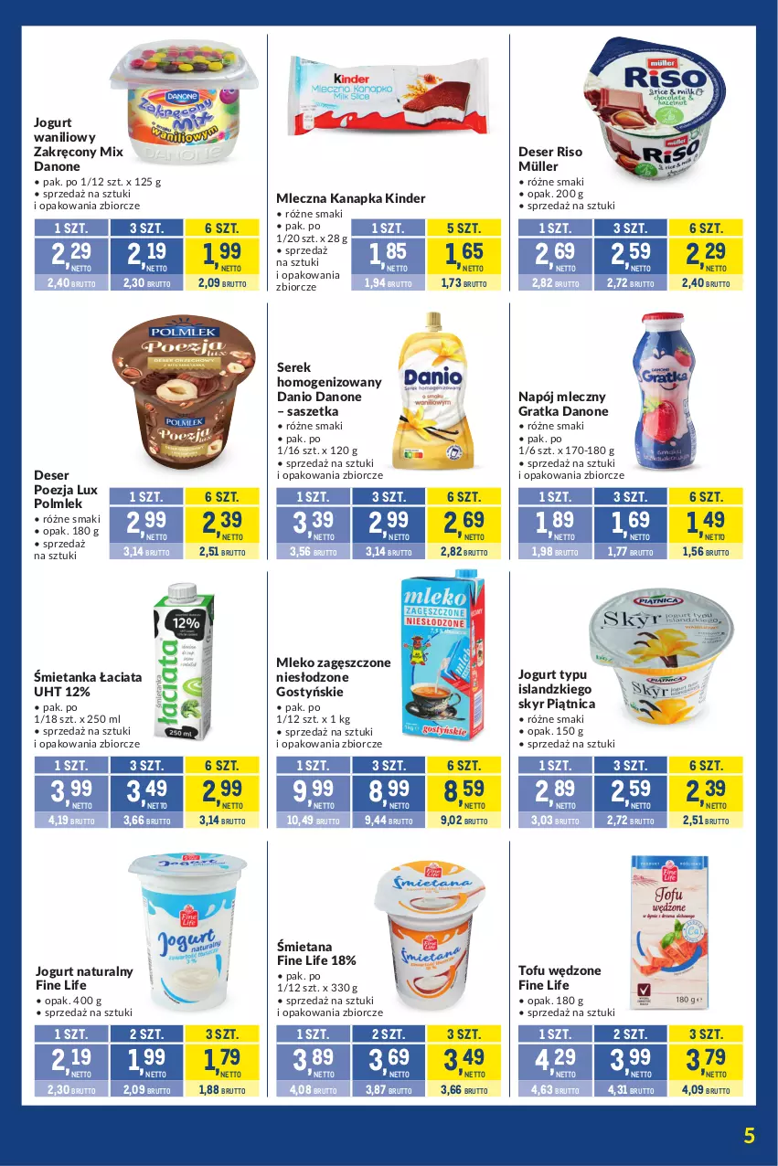 Gazetka promocyjna Makro - Kupujesz więcej płacisz mniej - ważna 21.01 do 17.02.2025 - strona 5 - produkty: Danio, Danone, Deser, Gra, Isla, Jogurt, Jogurt naturalny, Kinder, Mleczna kanapka, Mleko, Mleko zagęszczone, Müller, Napój, Napój mleczny, Piątnica, POLMLEK, Ser, Serek, Serek homogenizowany, Tofu