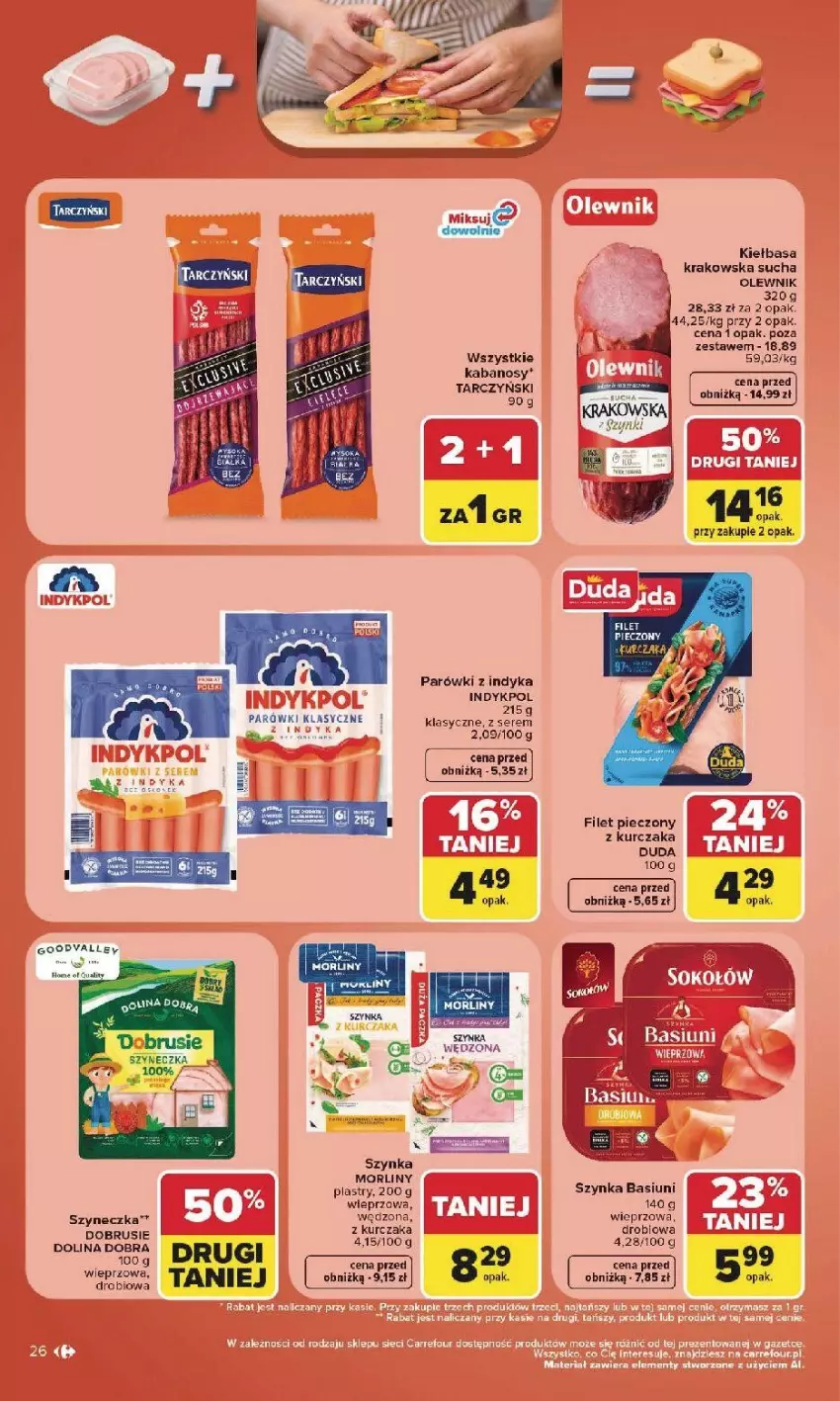 Gazetka promocyjna Carrefour - Gazetka Carrefour, Market w SUMIE najlepsz, od poniedziałku - ważna 27.07 do 01.08.2026 - strona 28 - produkty: Kabanos, Kiełbasa, Kurczak, LG, Morliny, Obrus, Olewnik, Parówki, Parówki z indyka, Piec, Ser, Szynka, Tarczyński