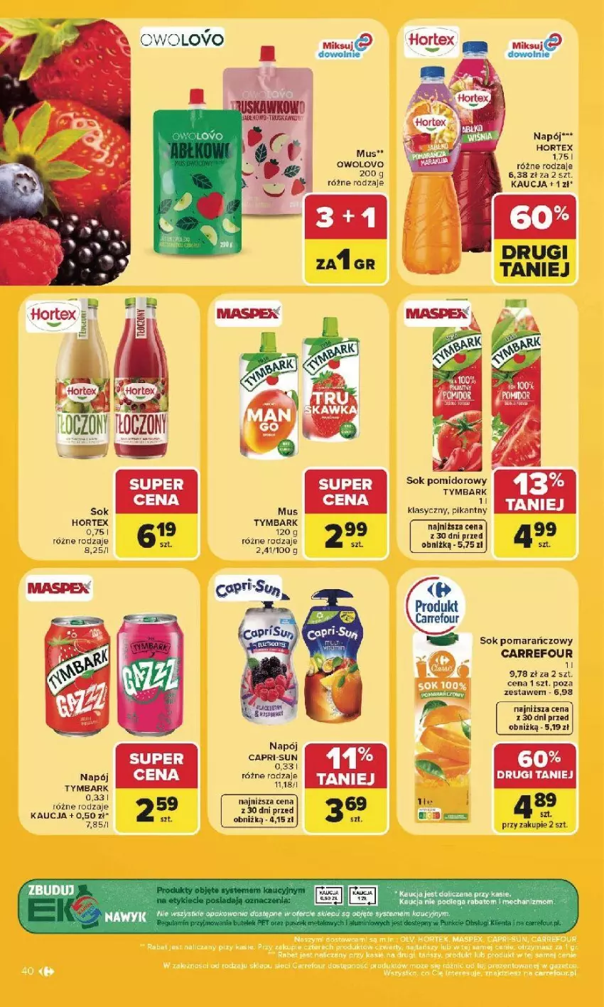 Gazetka promocyjna Carrefour - Gazetka Carrefour, Market w SUMIE najlepsz, od poniedziałku - ważna 27.07 do 01.08.2026 - strona 42 - produkty: Mus, Napój, Sok, Sok pomarańczowy, Sok pomidorowy, Tymbark