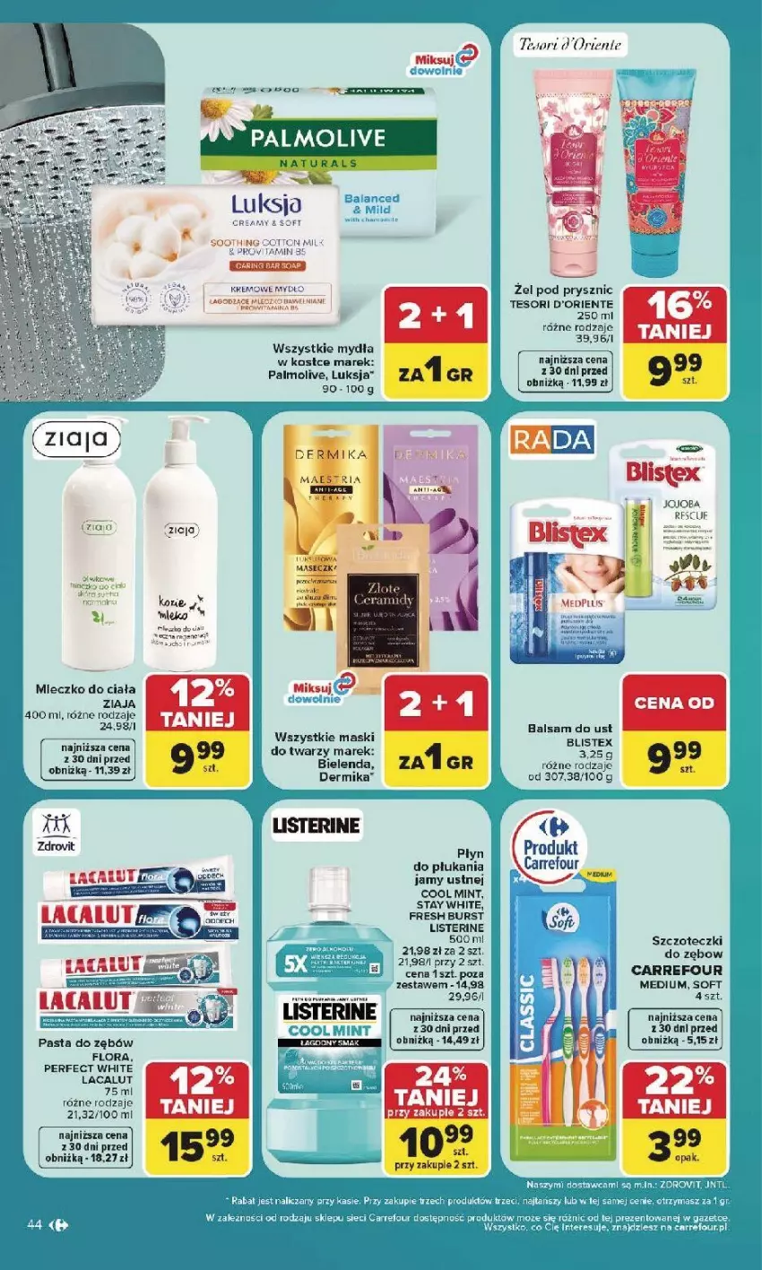 Gazetka promocyjna Carrefour - Gazetka Carrefour, Market w SUMIE najlepsz, od poniedziałku - ważna 27.07 do 01.08.2026 - strona 46 - produkty: Bielenda, Cif, Dermika, Fa, Flora, Lacalut, Listerine, Luksja, Mleczko, Mleczko do ciała, Palmolive, Pasta do zębów, Ser, Ziaja, Zott
