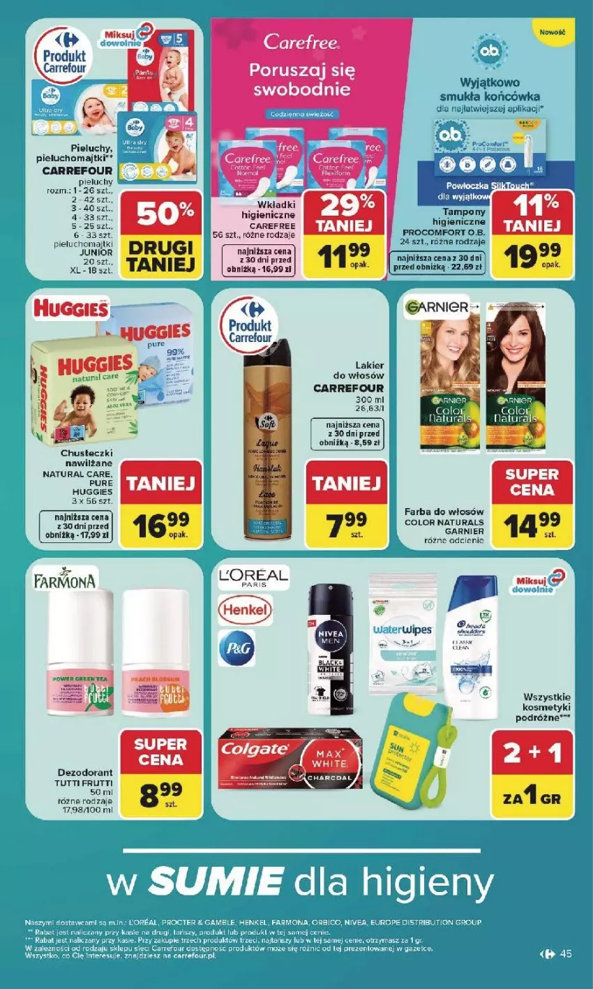 Gazetka promocyjna Carrefour - Gazetka Carrefour, Market w SUMIE najlepsz, od poniedziałku - ważna 27.07 do 01.08.2026 - strona 47 - produkty: Bieluch, Carefree, Chusteczki, Dezodorant, Fa, Farba do włosów, Garnier, Huggies, Lakier, Lakier do włosów, Majtki, O.B., Pieluchomajtki, Pieluchy, Pur, Wkładki